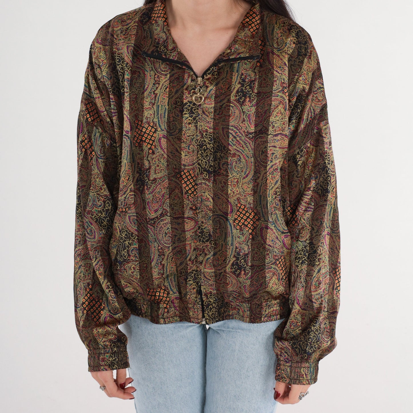 90s Paisley Striped Bomber Jacket Heart Zipper Windbreaker Medium M