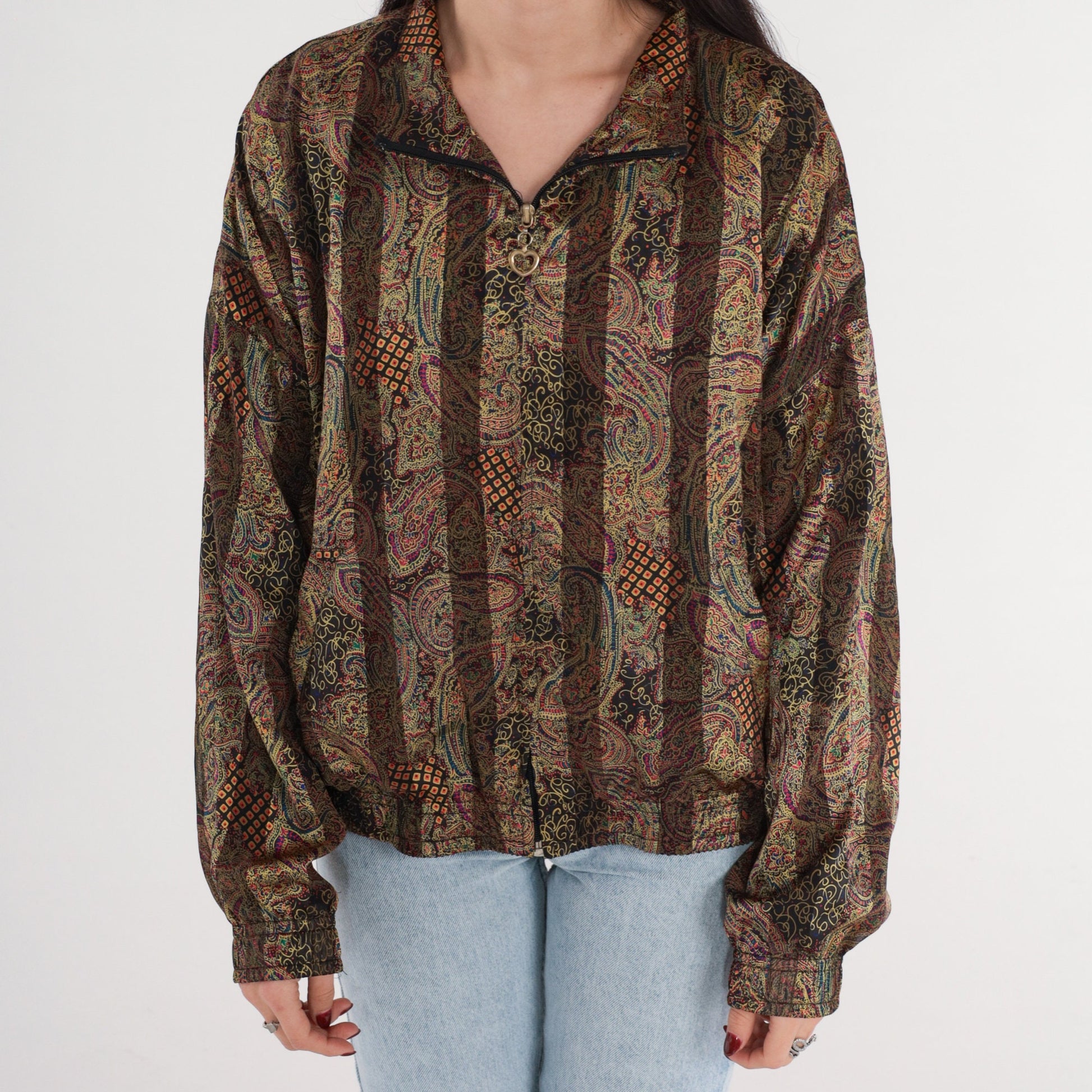 90s Paisley Striped Bomber Jacket Heart Zipper Windbreaker Medium M