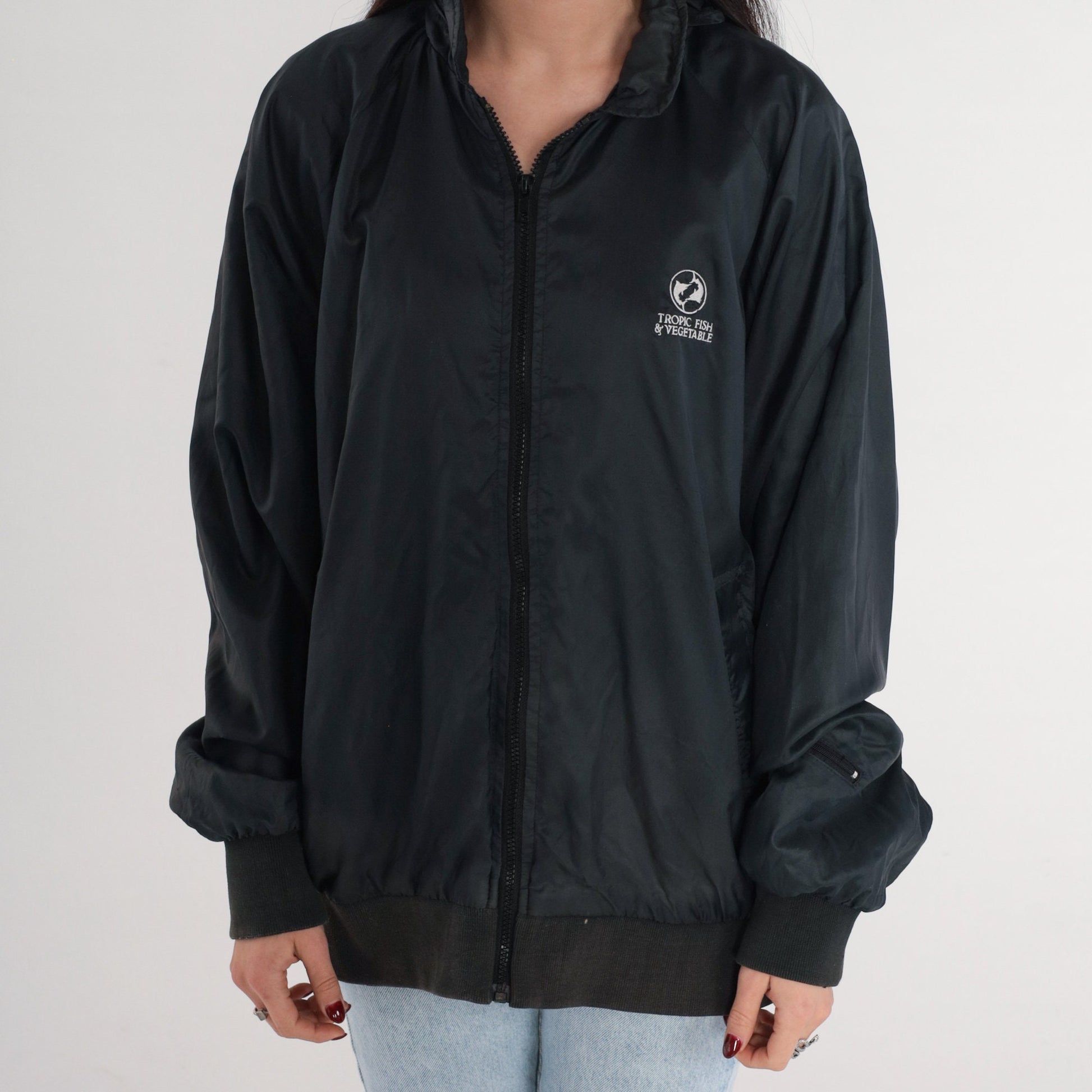 80s Tropic Fish Vegetable Logo Bomber Jacket Black Nylon Zip Windbreaker Large L