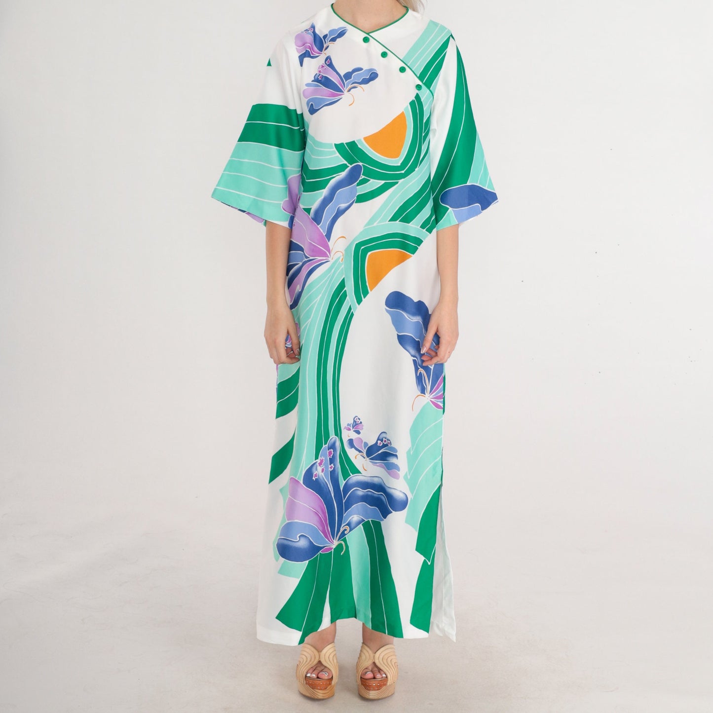 70s Butterfly Maxi Dress White Green Purple Psychedelic Print Button Front XS