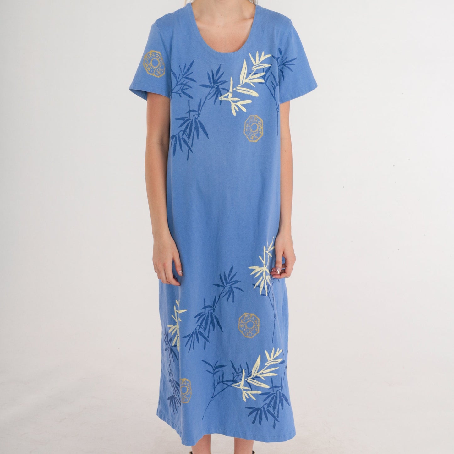 90s Bamboo Chinese Hanzi Print Cotton Midi Dress Blue Short Sleeve Large L