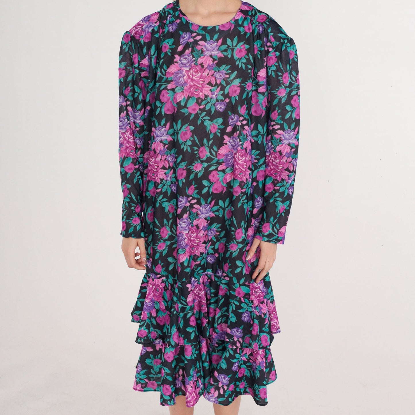80s Floral Midi Dress Puff Sleeve Tiered Ruffle Black Pink Purple Plus Size 24