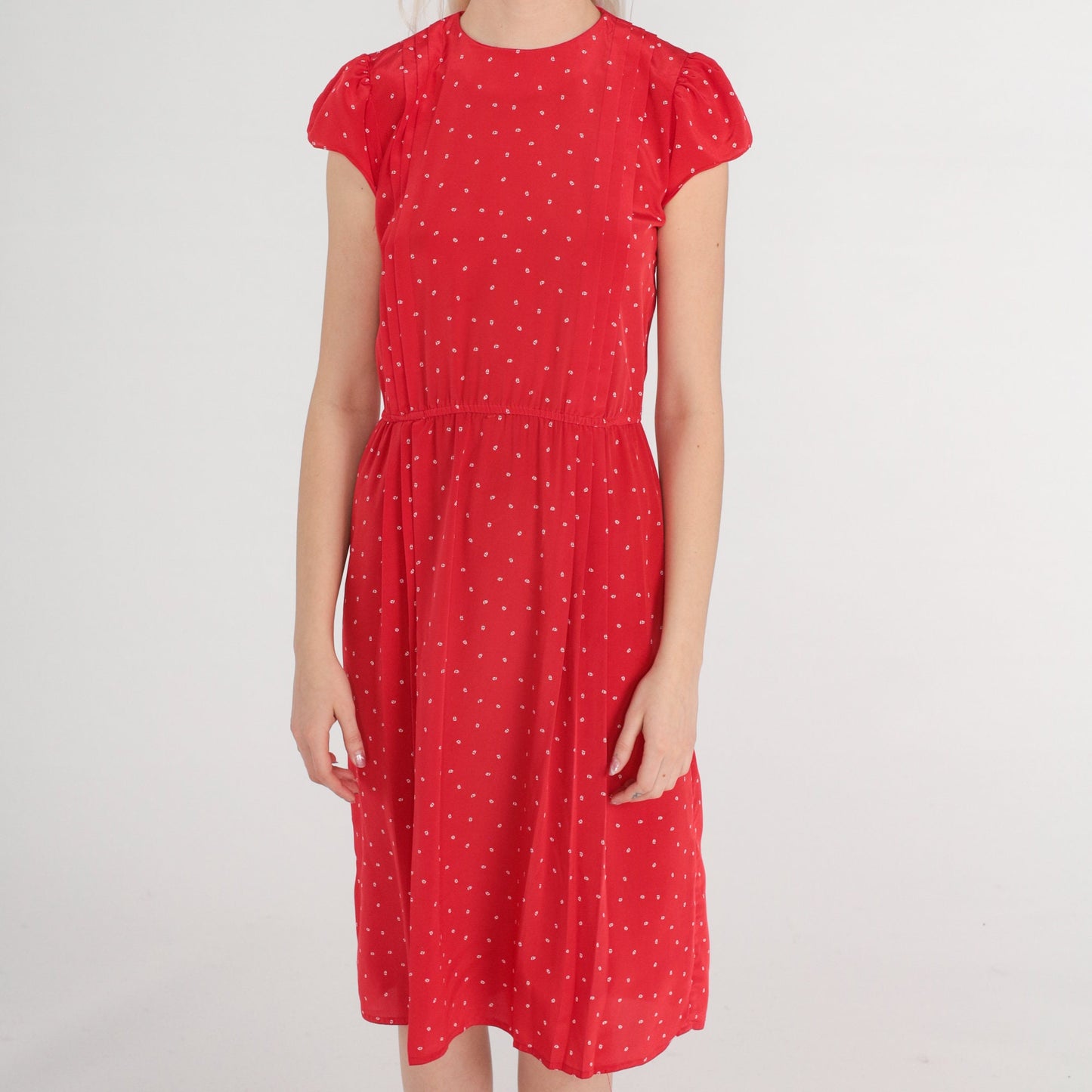 80s Red Sailboat Print Midi Dress Cap Puff Sleeve High Waist Extra Small