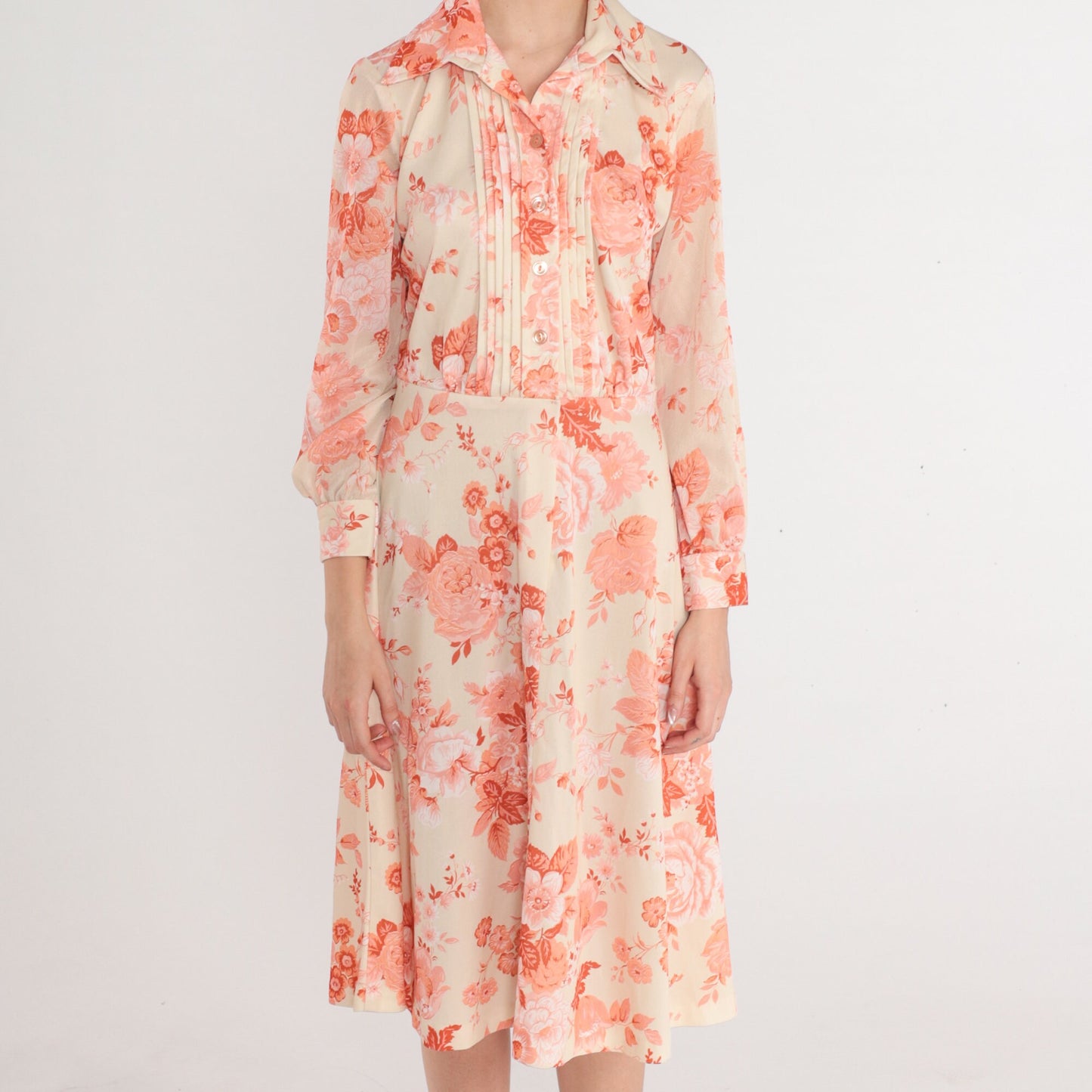 70s Floral Shirtwaist Midi Dress Cream Pink Rose Print Button Up Small