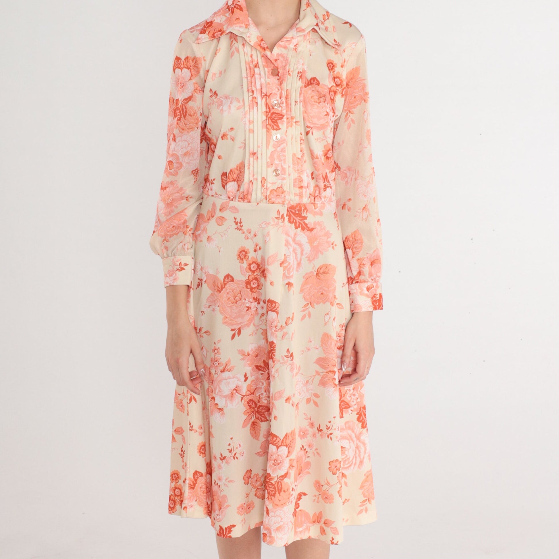 70s Floral Shirtwaist Midi Dress Cream Pink Rose Print Button Up Small