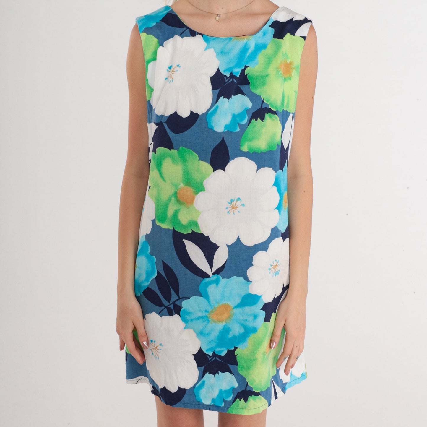 60s Floral Mod Mini Shift Dress Sleeveless Blue Green White Medium M
