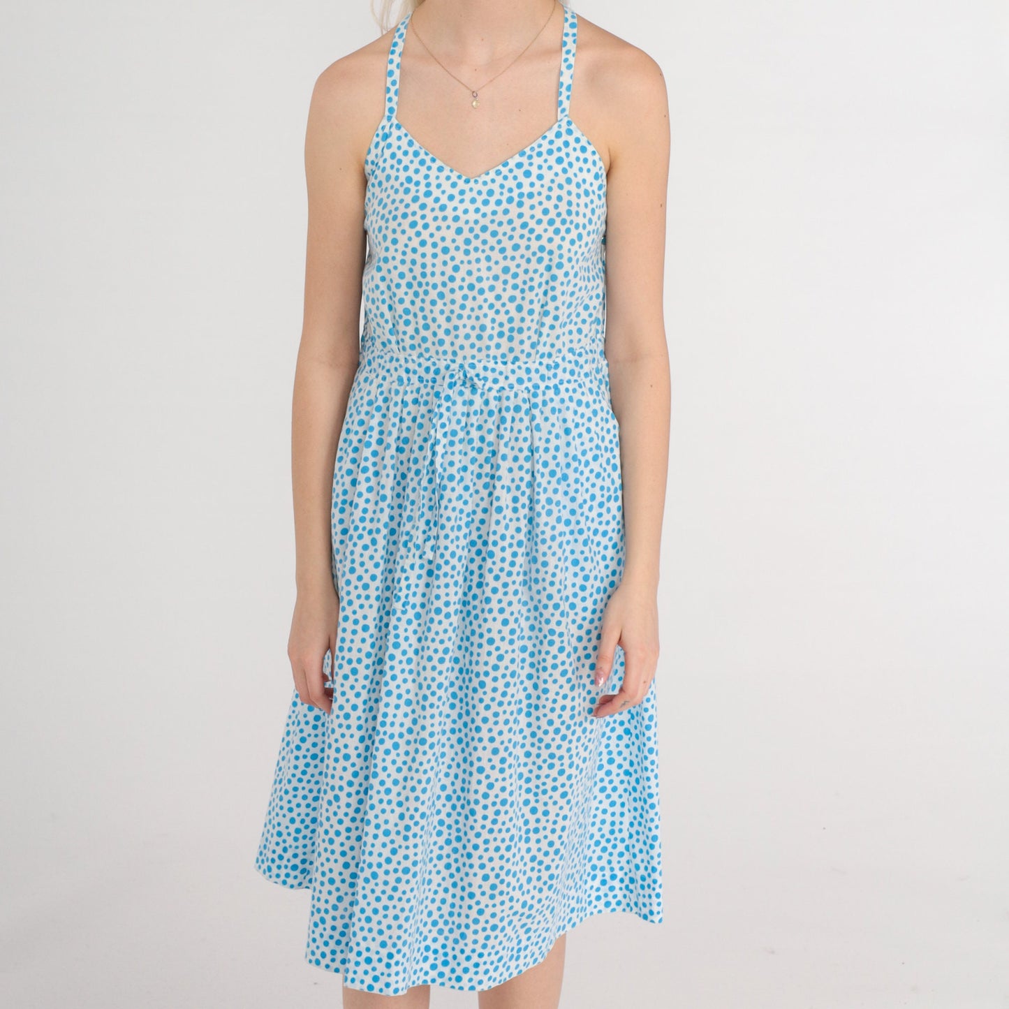 70s Polka Dot Criss-Cross Backless Midi Sundress White Blue Medium