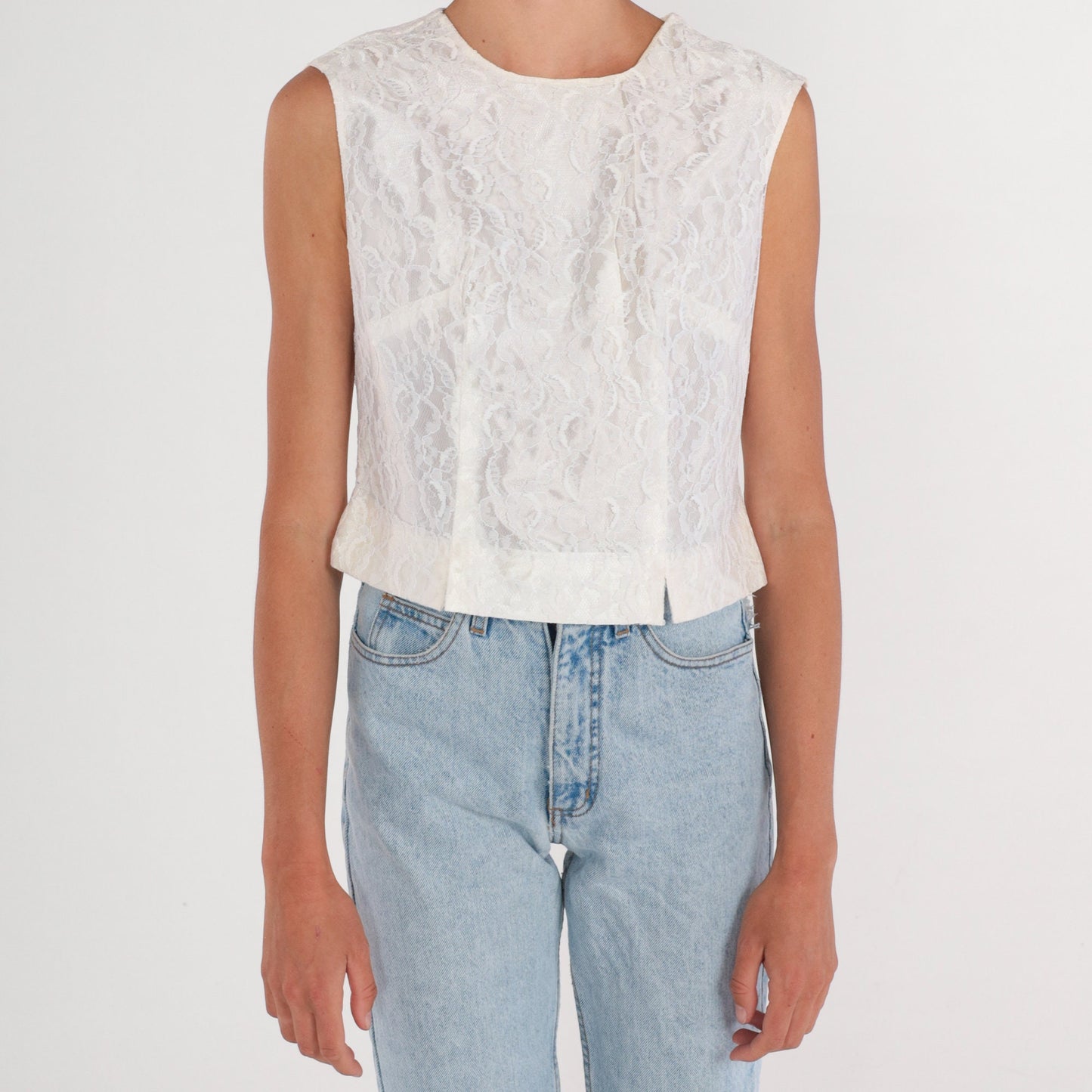 60s White Lace Crop Tank Top Sleeveless Blouse Button Back Medium