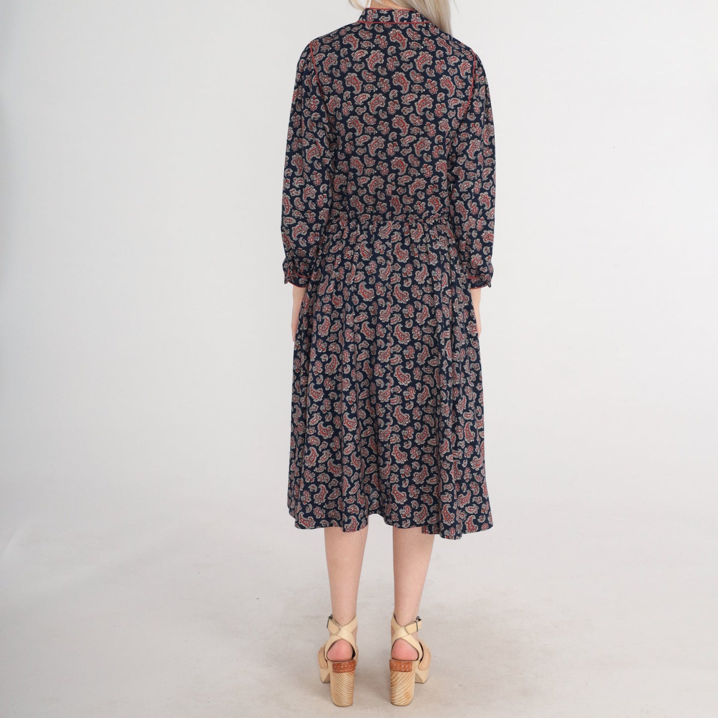 70s Navy Paisley Midi Dress Button-Up Long Sleeve High Waist Small