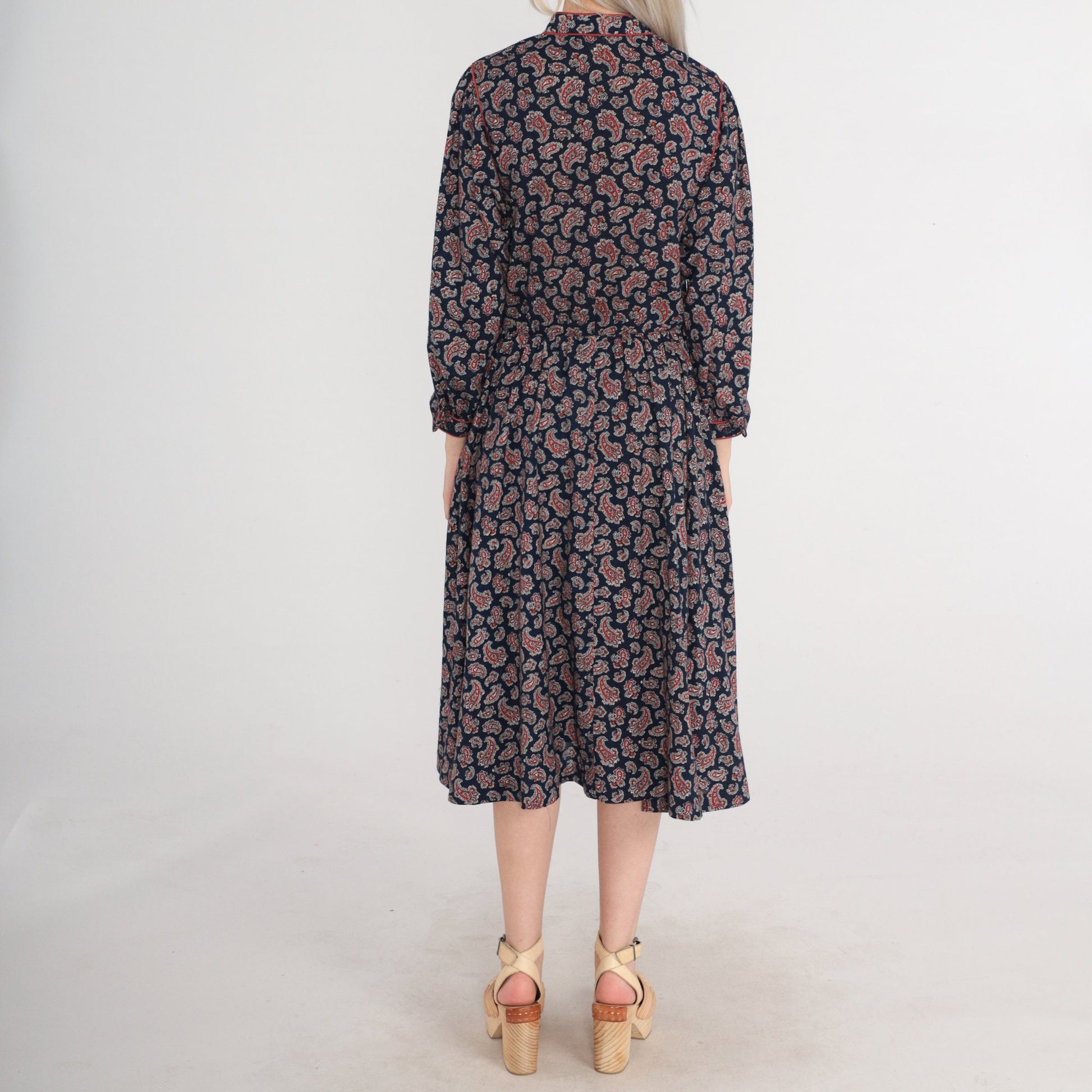70s Navy Paisley Midi Dress Button-Up Long Sleeve High Waist Small