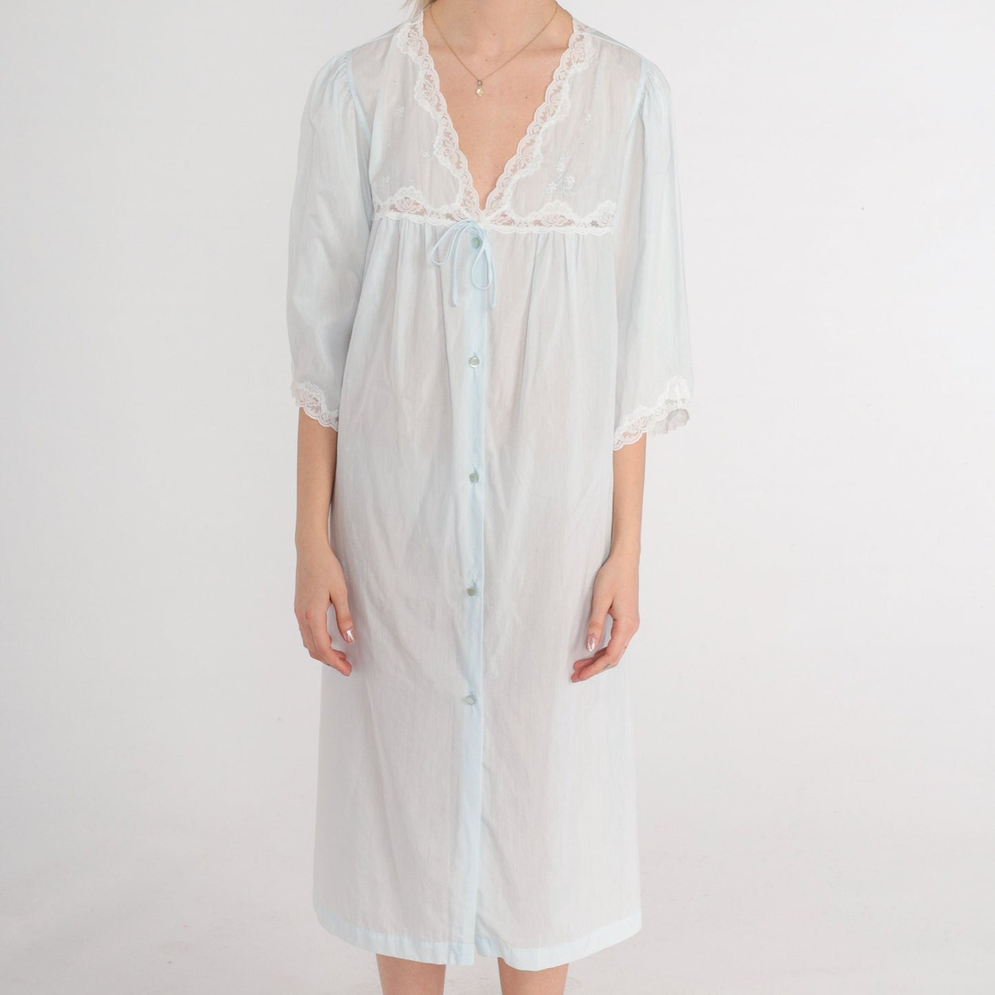 90s Pastel Blue Lace Nightgown Semi-Sheer Button-Front Midi Nightie Large L