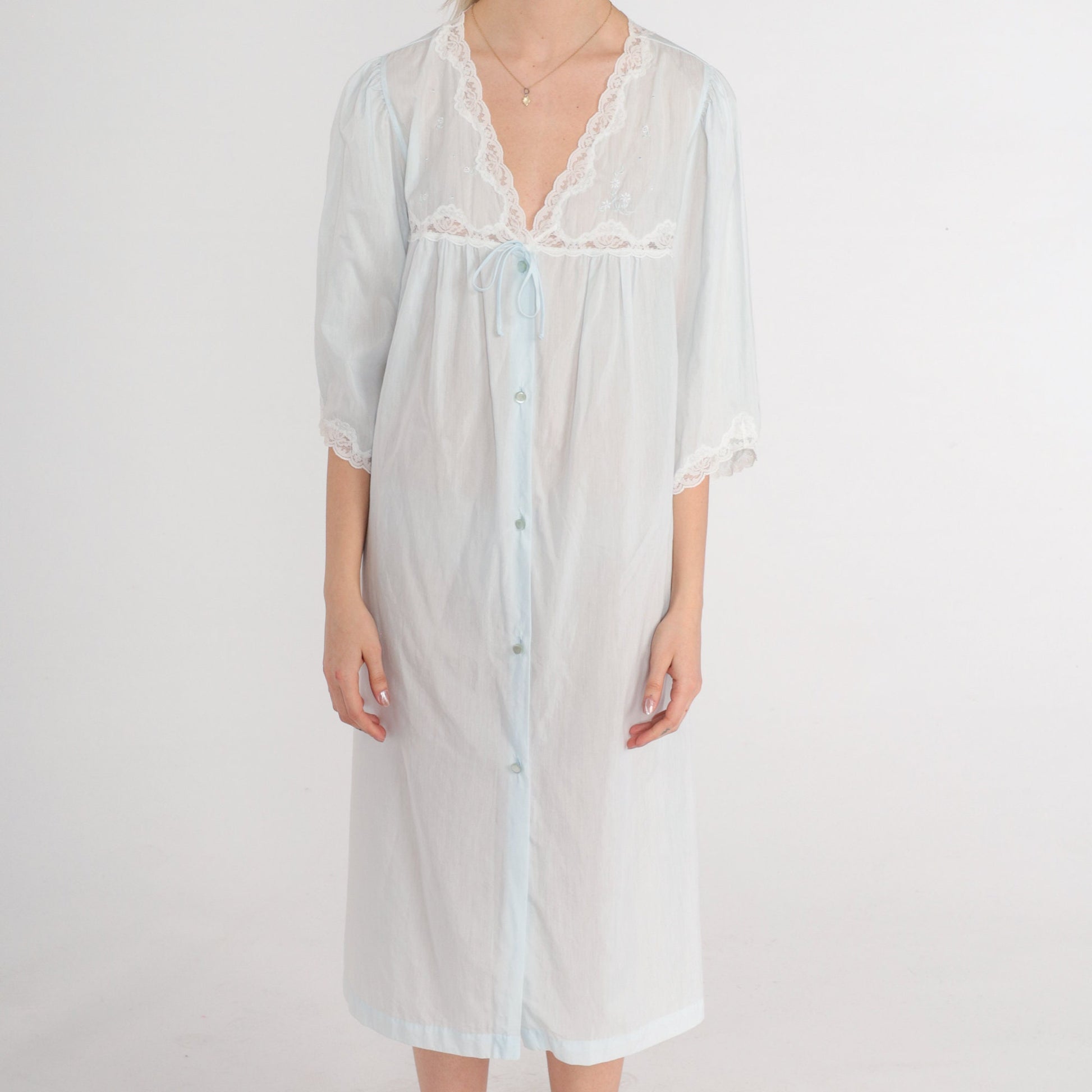 90s Pastel Blue Lace Nightgown Semi-Sheer Button-Front Midi Nightie Large L