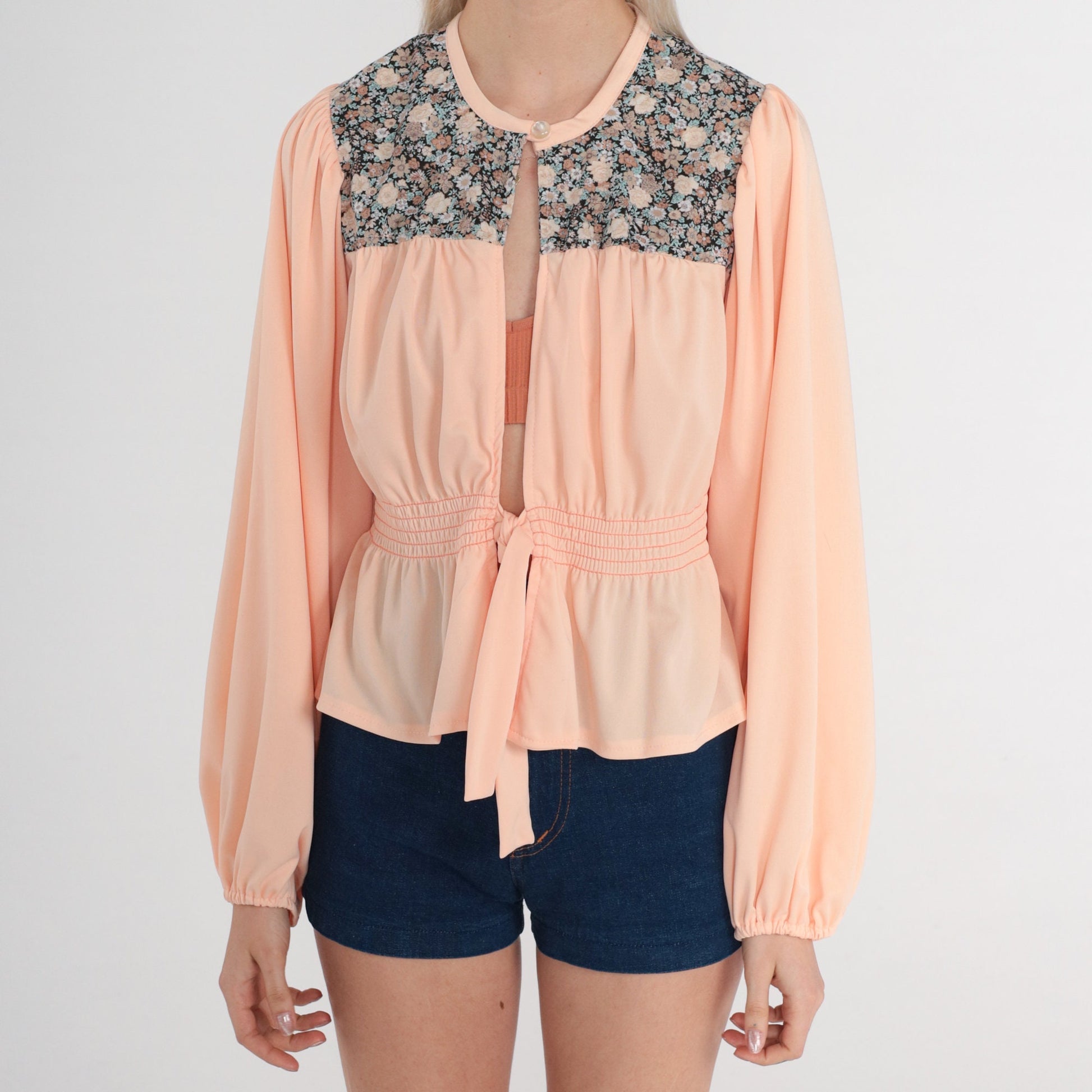 70s Peasant Blouse Pink Floral Puff Sleeve Tie Front Top Extra Small