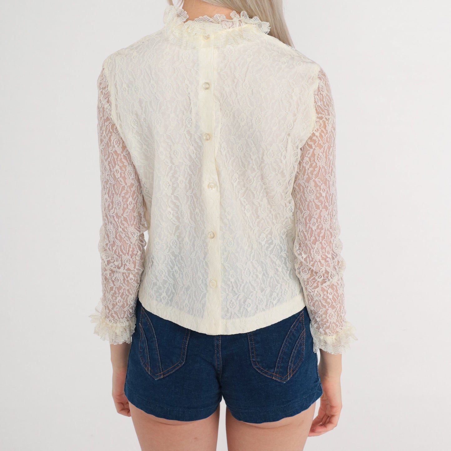 70s White Lace Blouse Floral High Neck Ruffled Long Sleeve Extra Small