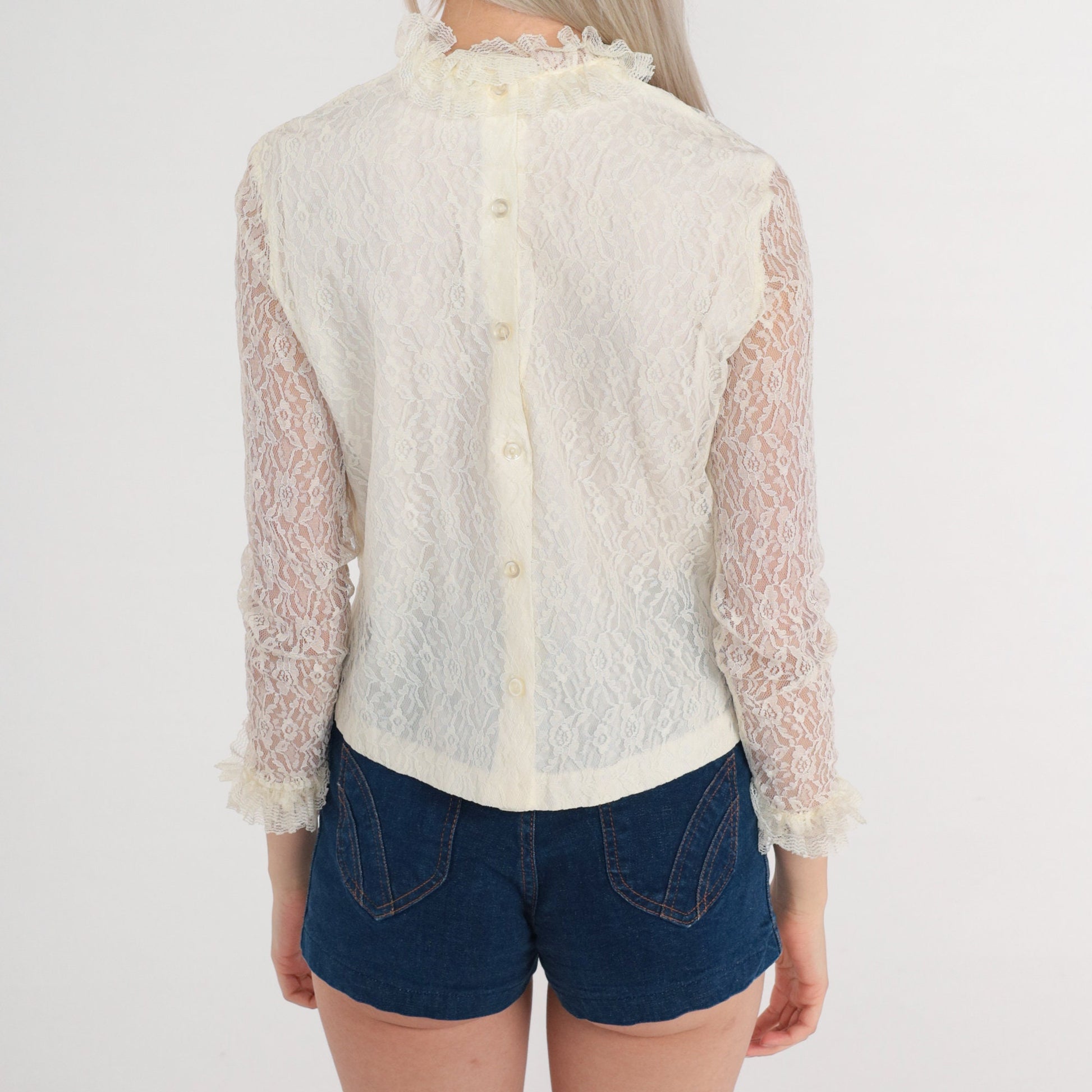 70s White Lace Blouse Floral High Neck Ruffled Long Sleeve Extra Small