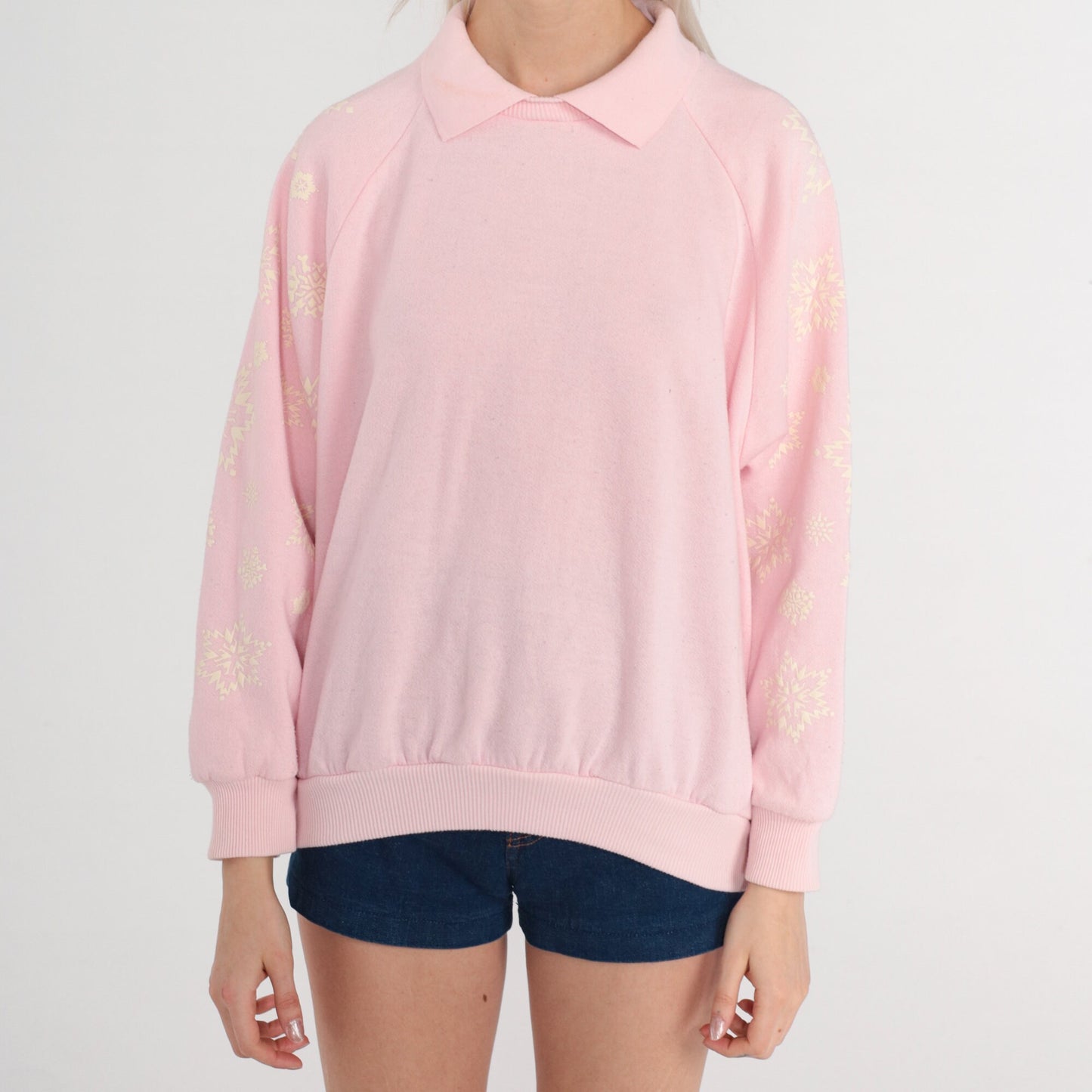 90s Gitano Snowflake Raglan Sweatshirt Baby Pink Collared Medium M