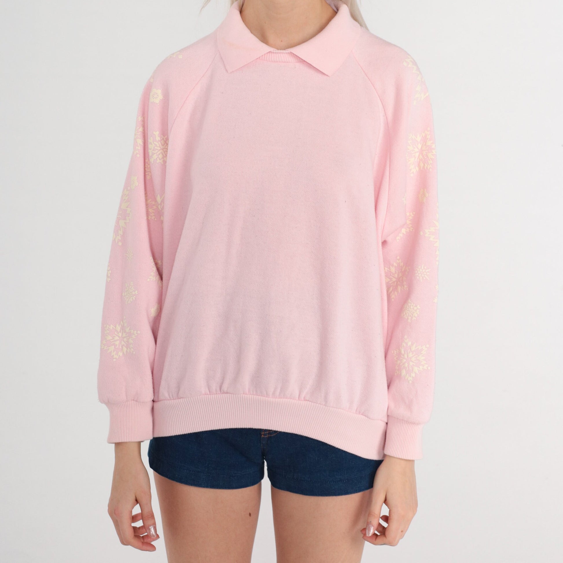 90s Gitano Snowflake Raglan Sweatshirt Baby Pink Collared Medium M