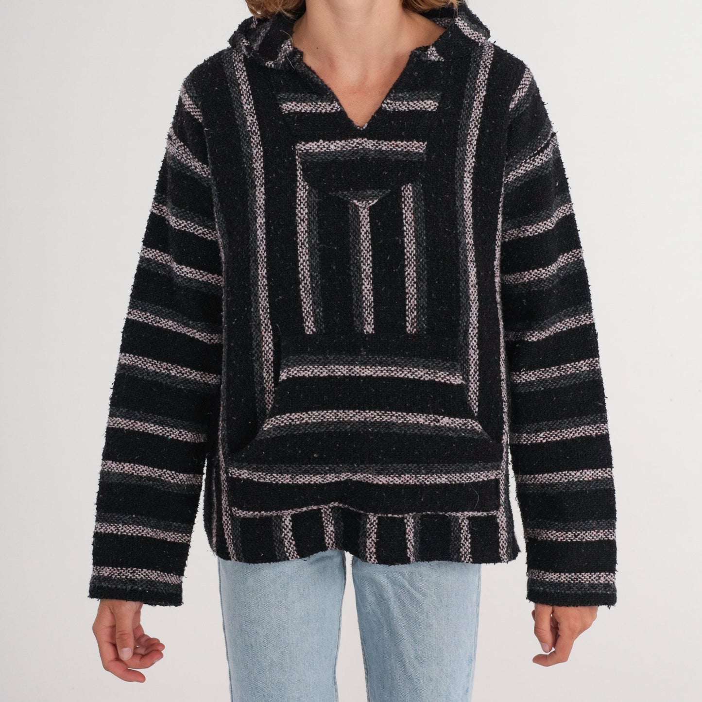 90s Mexican Baja Hoodie Black Grey White Striped Kangaroo Pocket Medium M