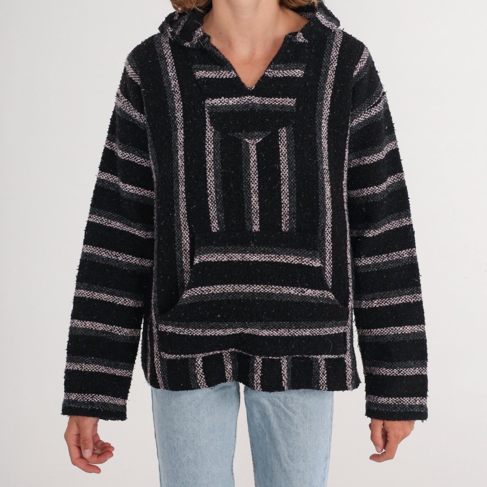 90s Mexican Baja Hoodie Black Grey White Striped Kangaroo Pocket Medium M