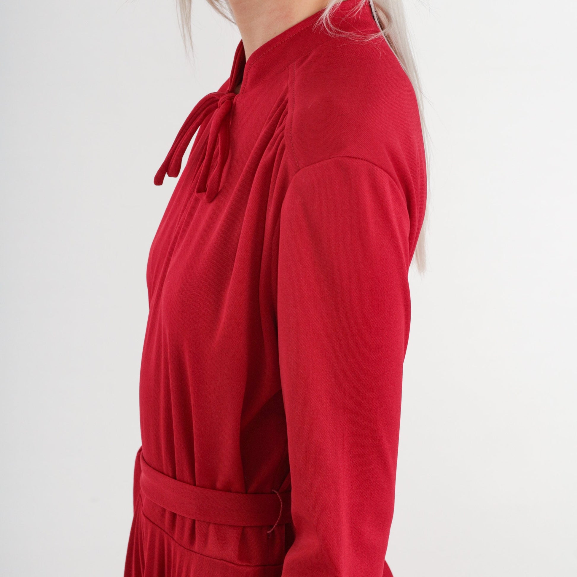 70s Burgundy Red Midi Dress Pleated High Waist Long Sleeve Medium