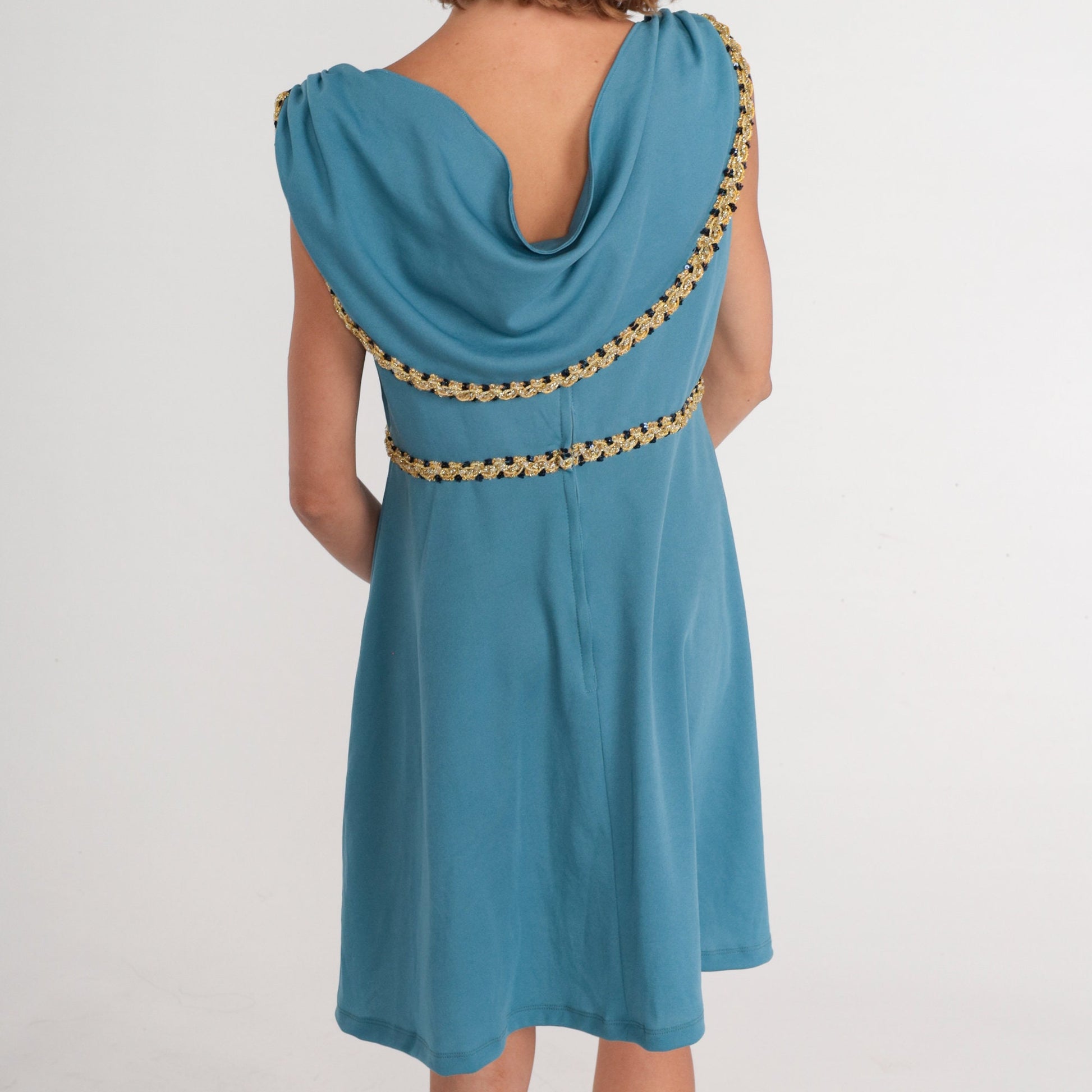 70s Blue Grecian Mini Dress Empire Waist Draped Cape Back Large