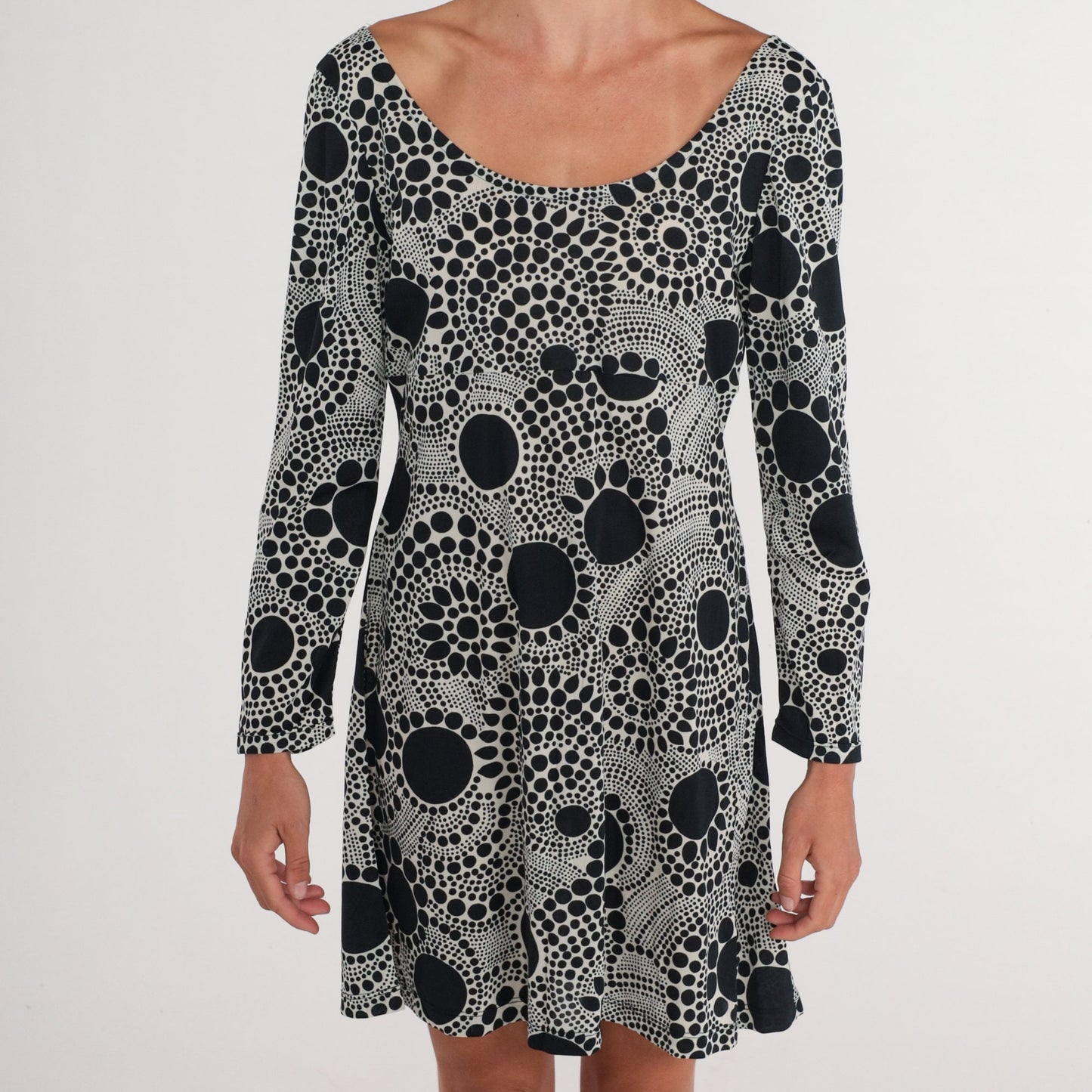 70s Mod Mini Dress Black White Abstract Dot Print Long Sleeve Medium