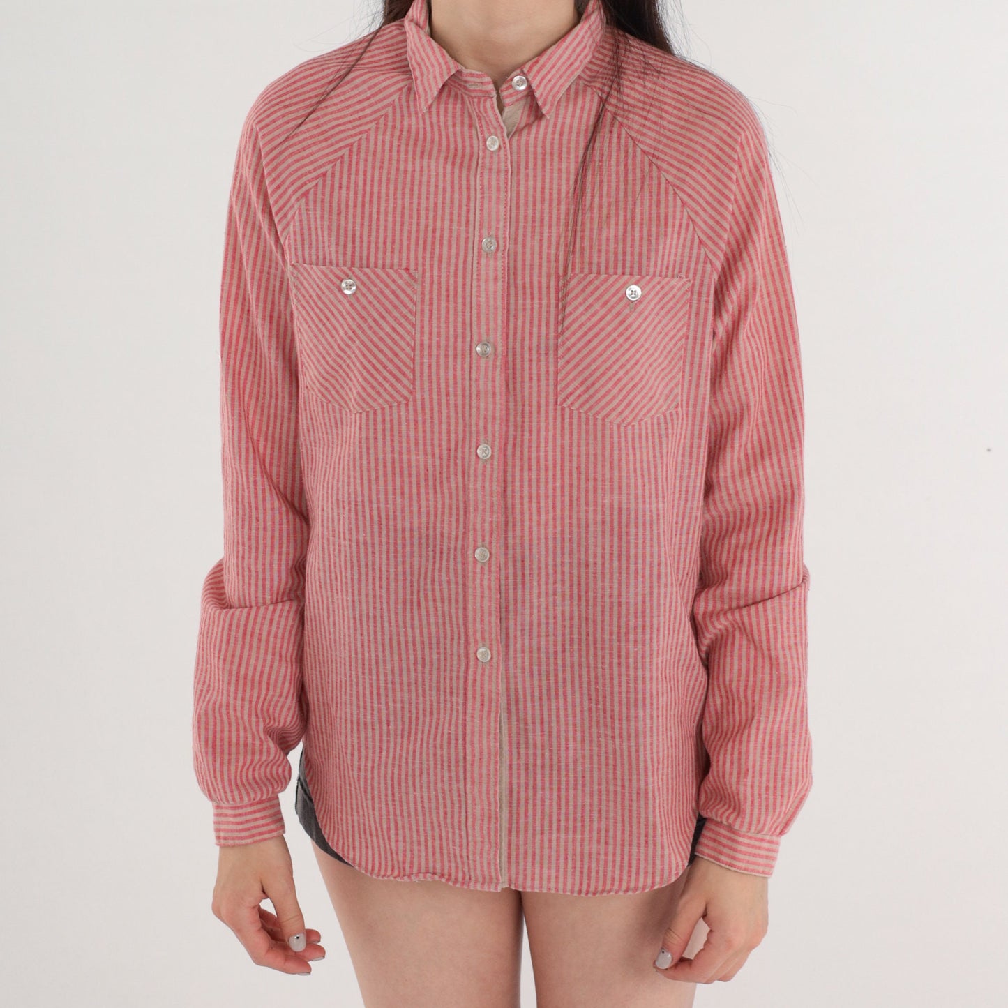 80s Striped Button-Up Blouse Red Tan Raglan Roll-Tab Cuff Small
