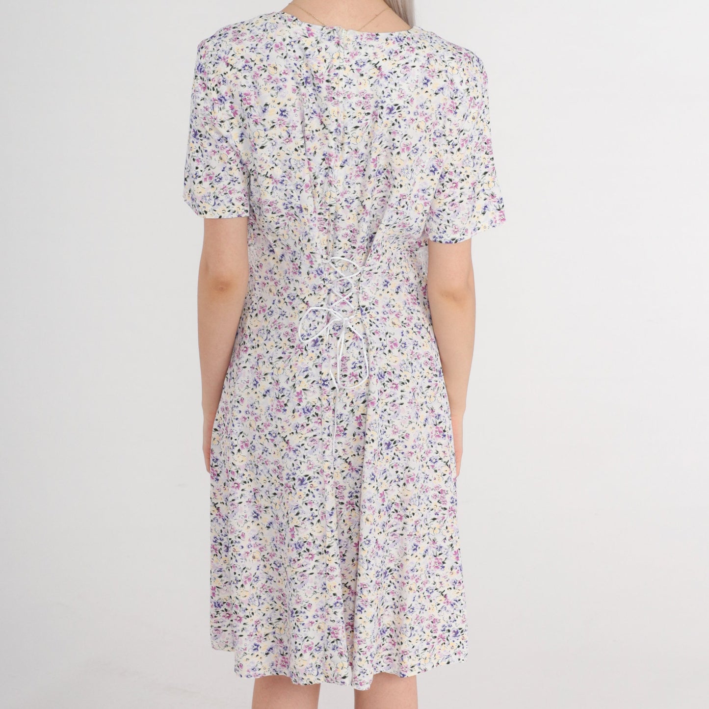 90s Floral Midi Dress White Lace Trim Short Sleeve Shift Medium
