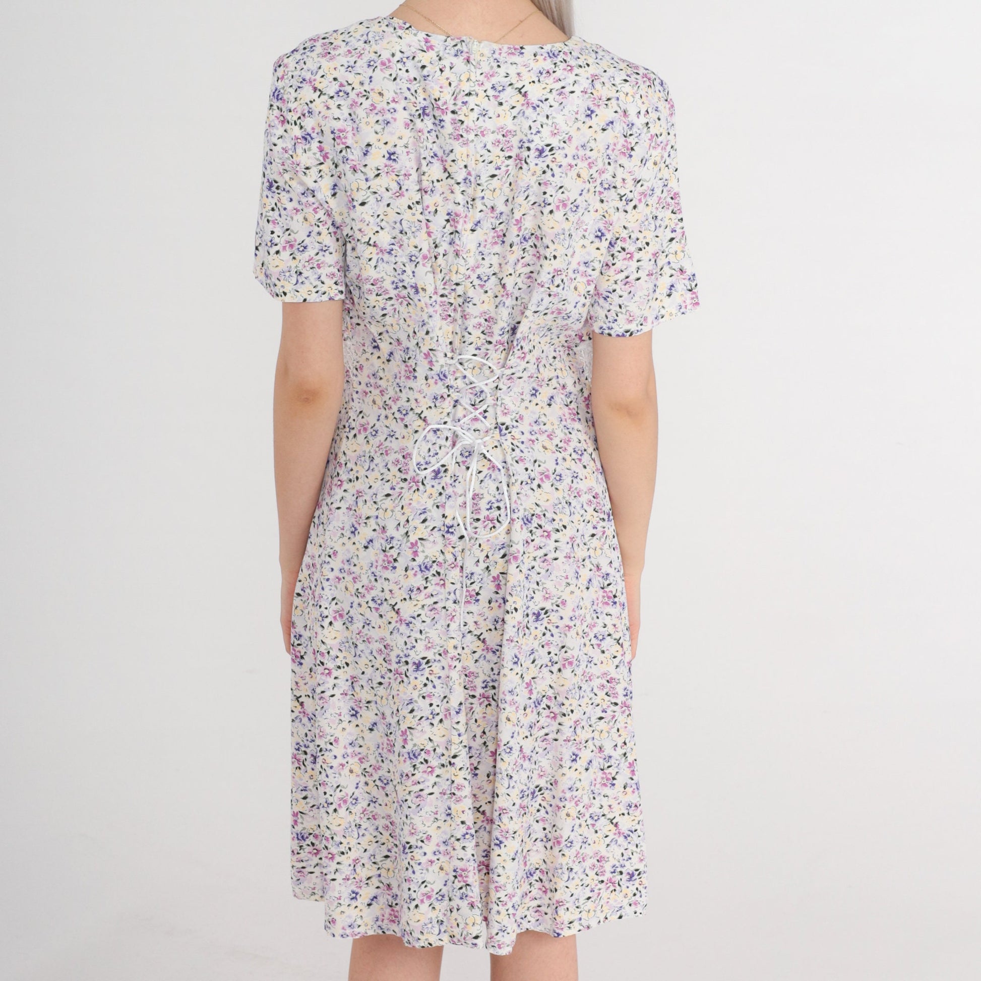 90s Floral Midi Dress White Lace Trim Short Sleeve Shift Medium
