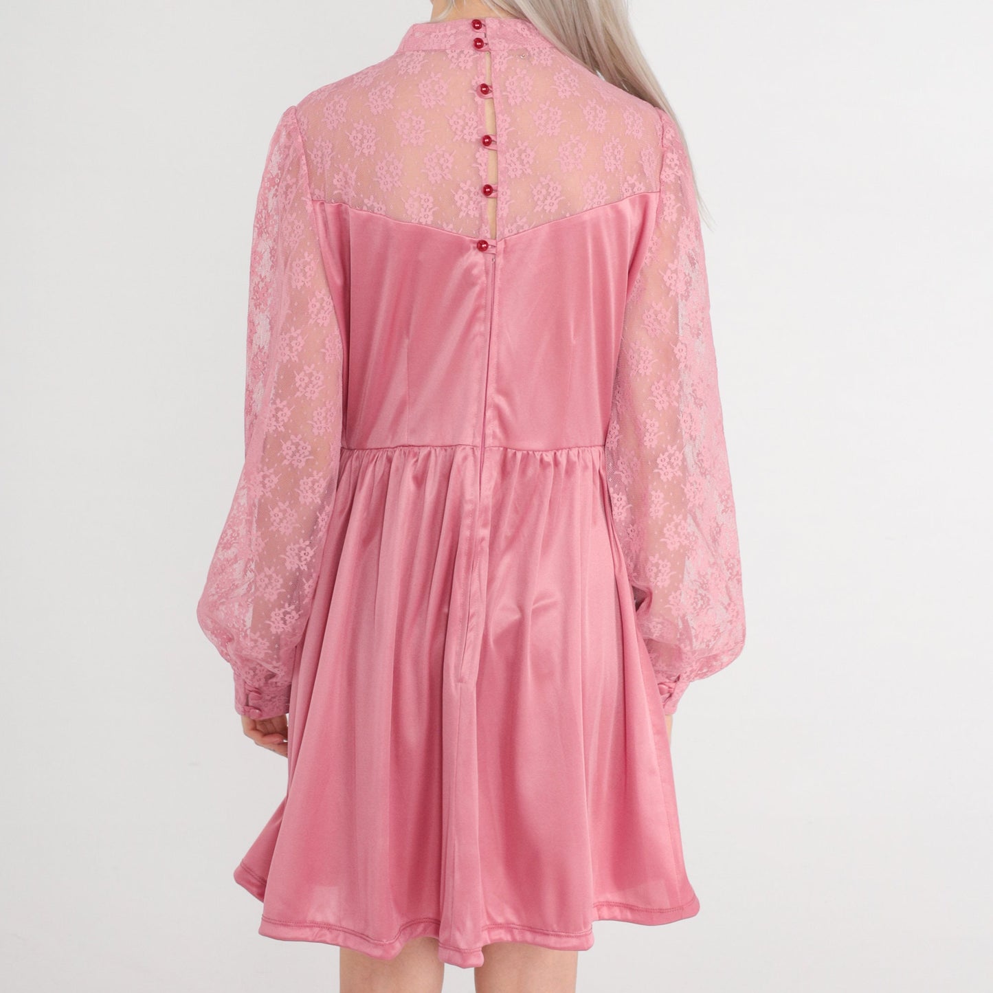 70s Pink Mini Dress Lace Neckline High Waist Long Sleeve Medium