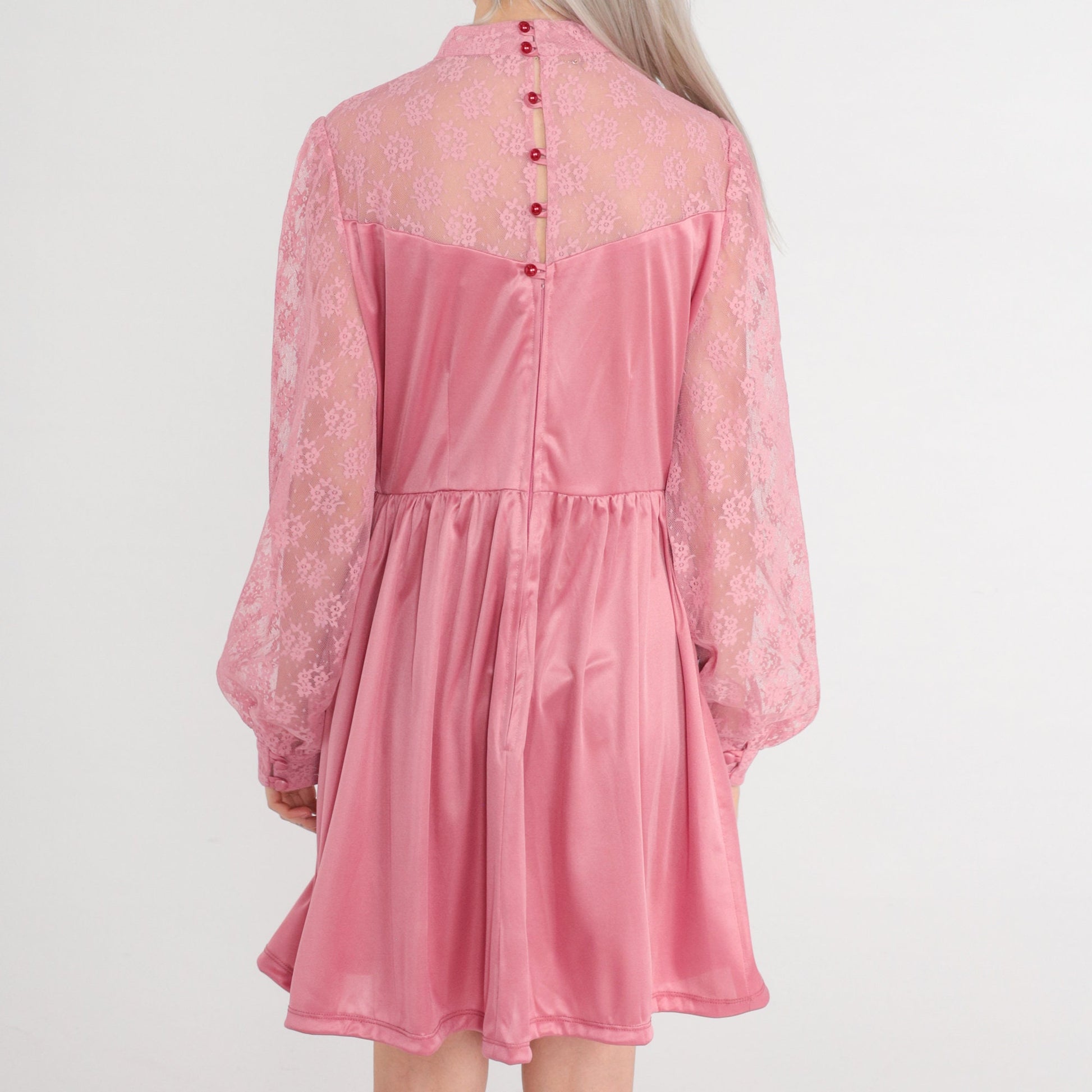 70s Pink Mini Dress Lace Neckline High Waist Long Sleeve Medium