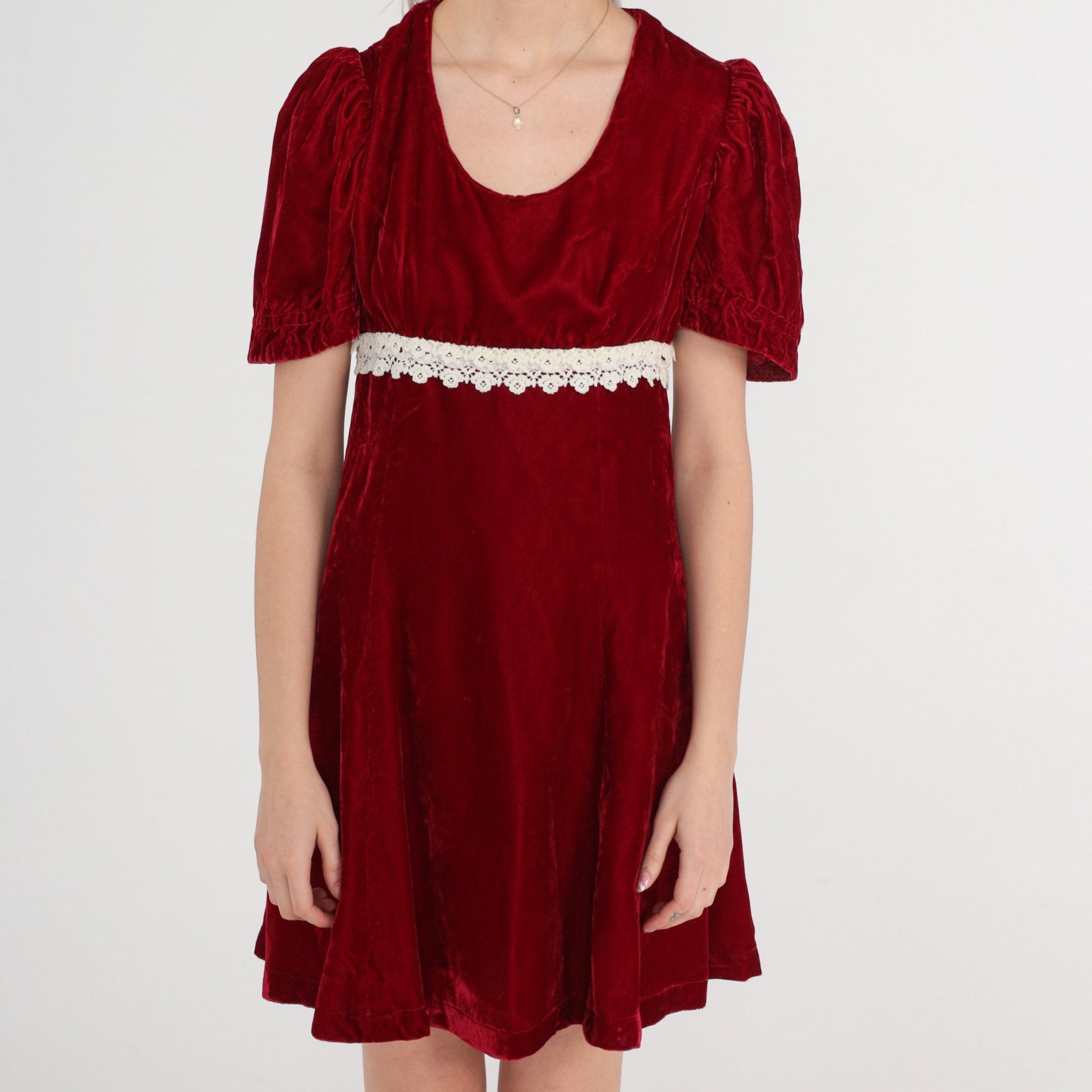 70s Red Velvet Mini Dress Puff Sleeve Empire Waist Lace Trim Small