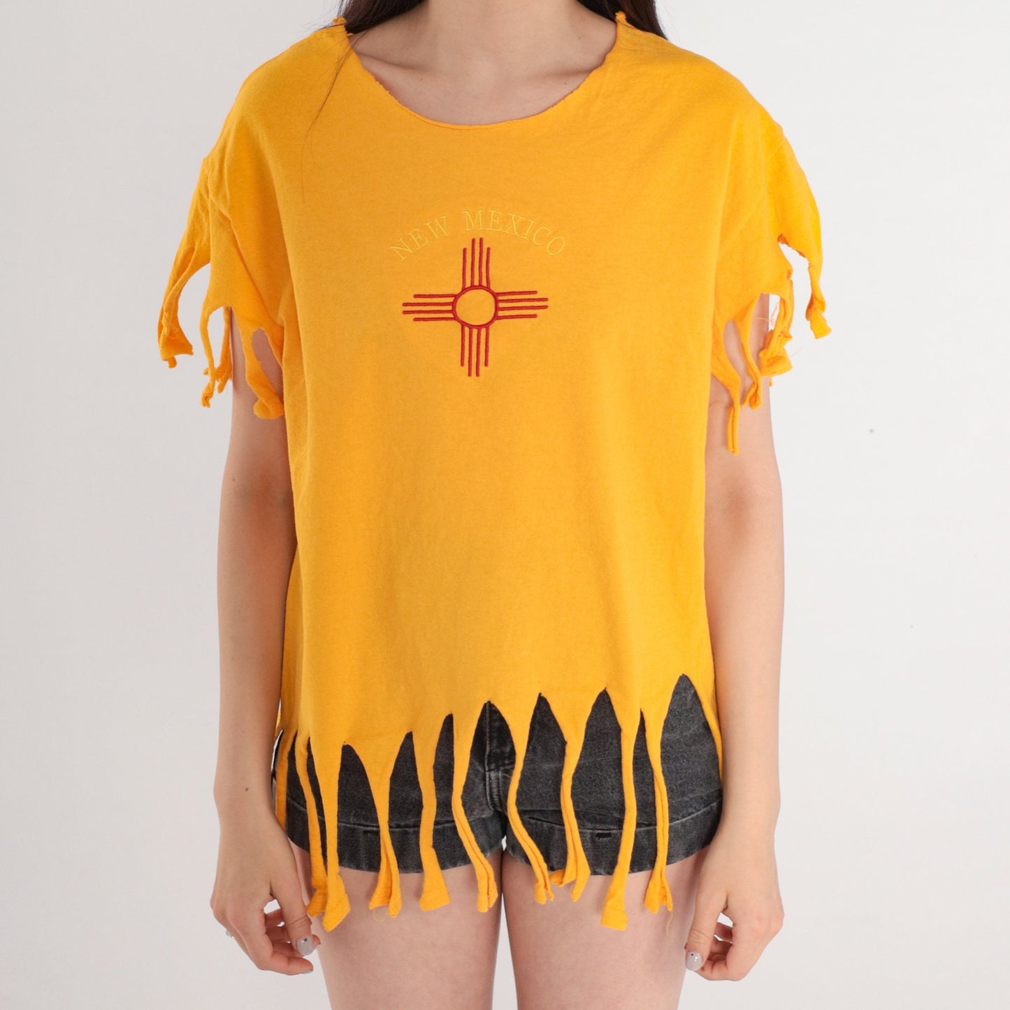 90s New Mexico Zia Graphic T-Shirt Yellow Fringe Trim Medium M