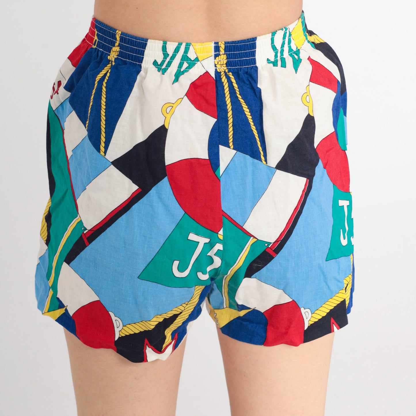 80s Nautical Abstract Print Shorts High Waist Elastic Cotton Blue Green XS