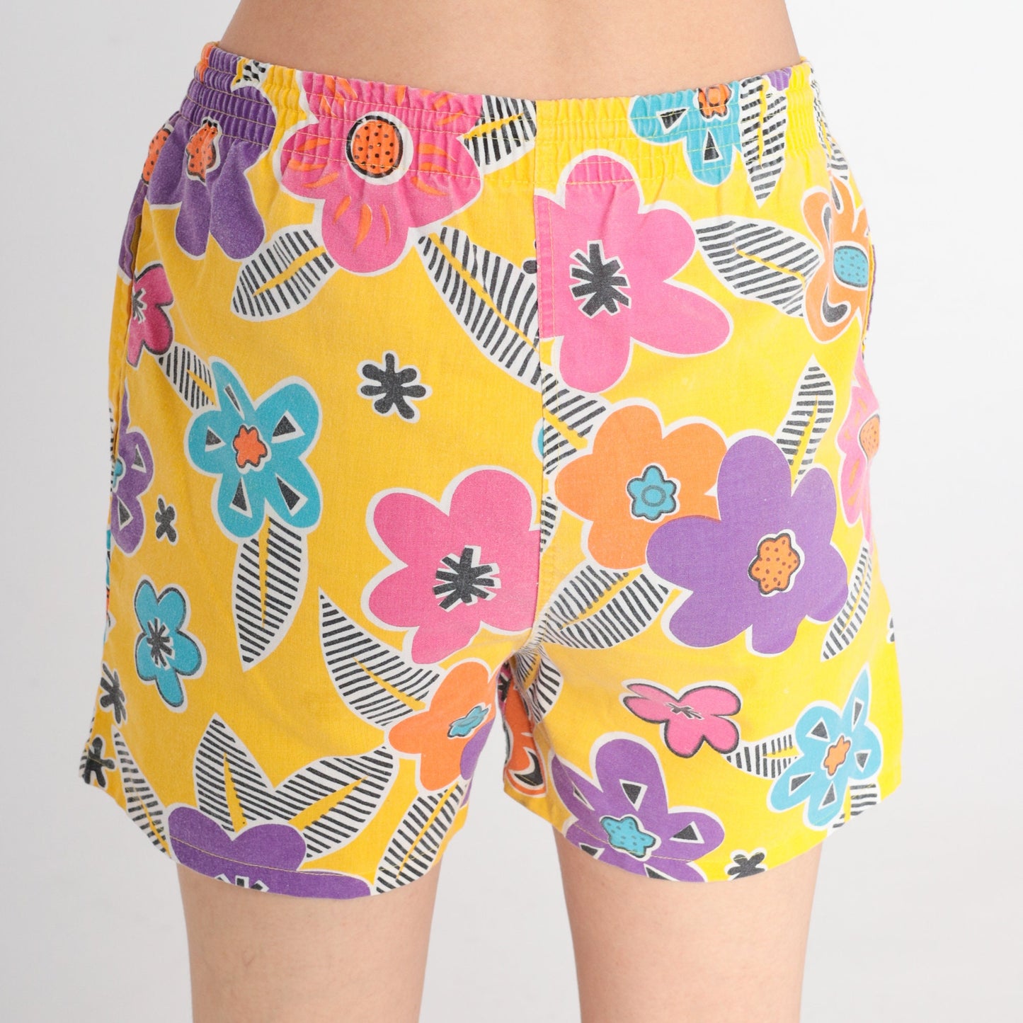 90s Yellow Floral Print Shorts High Waist Drawstring Beach Small S