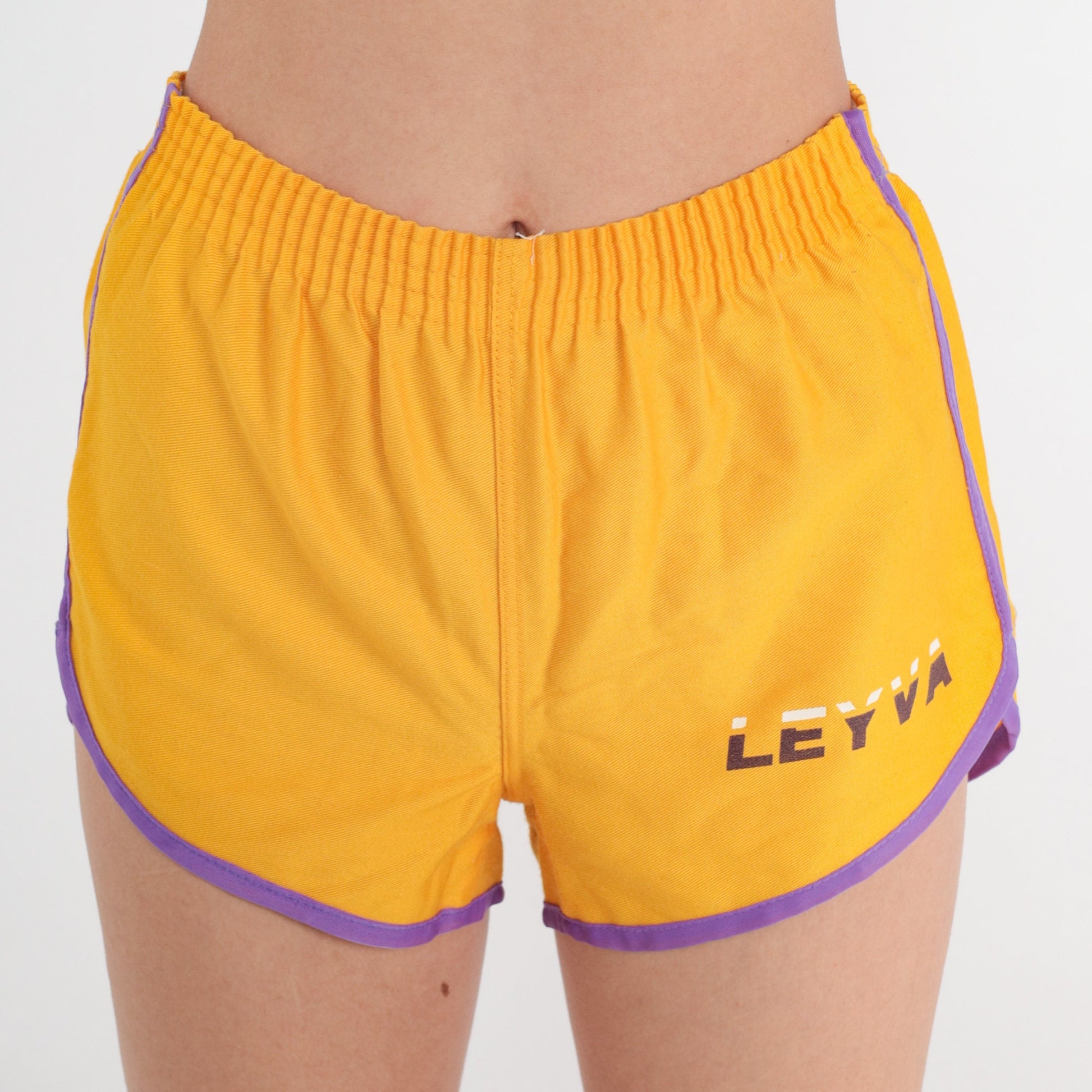 80s Leyva Yellow Dolphin Shorts Purple Ringer Trim Extra Small