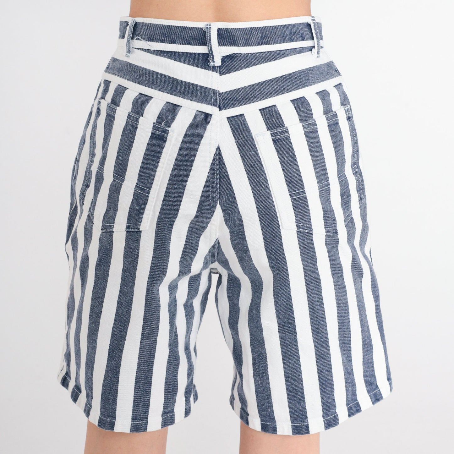90s Striped Denim Shorts High Waisted Blue White Knee Length Small S