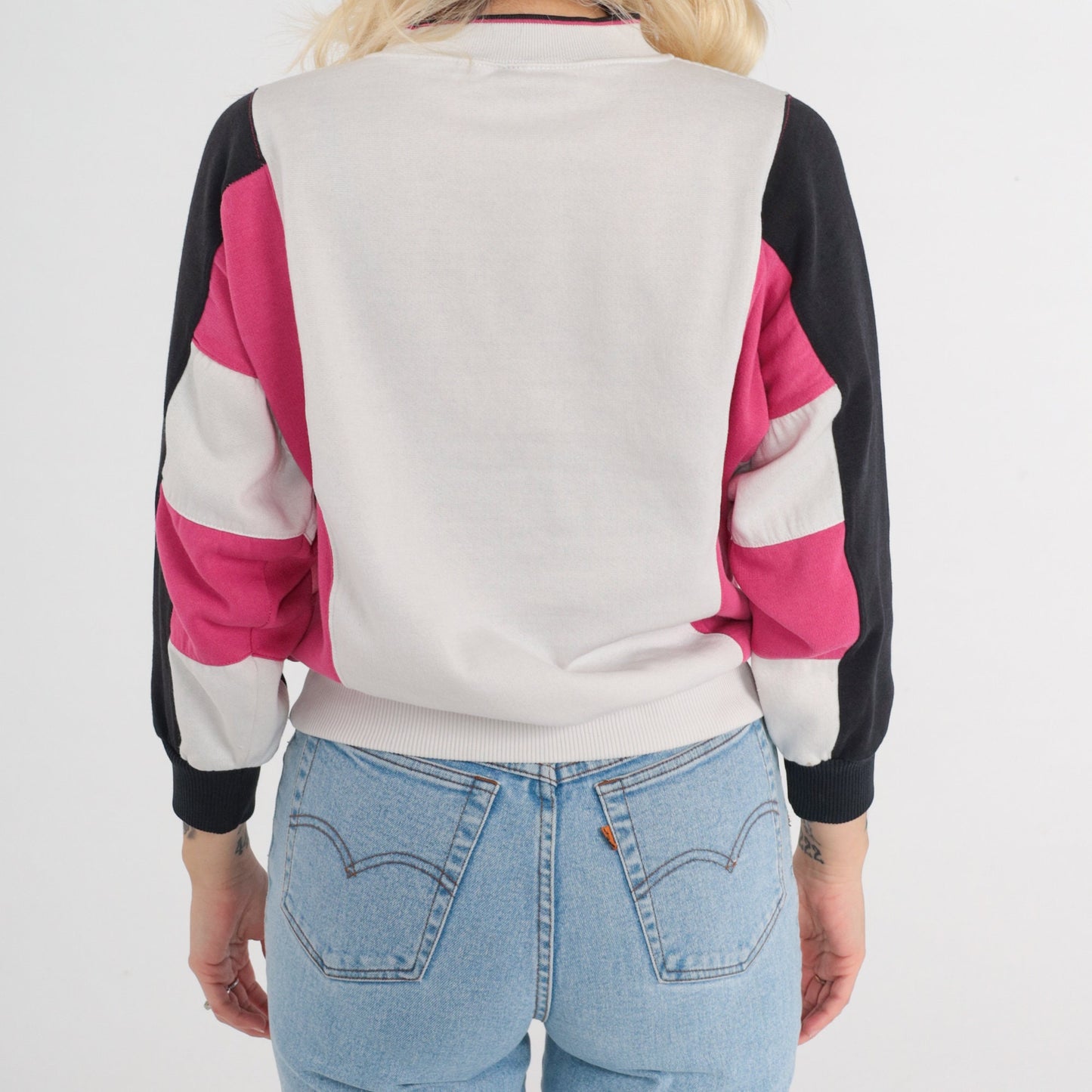 90s Apres Sport Color Block Sweatshirt White Pink Black Crewneck Small