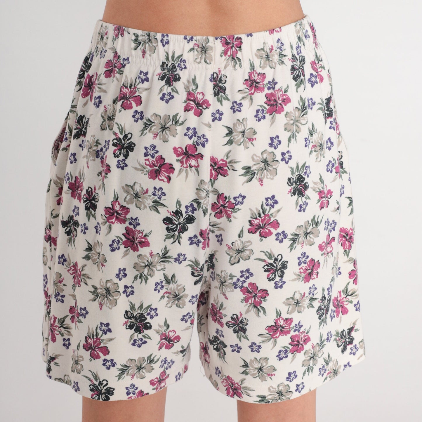 90s Hibiscus Floral Shorts White Tropical High Waist Small