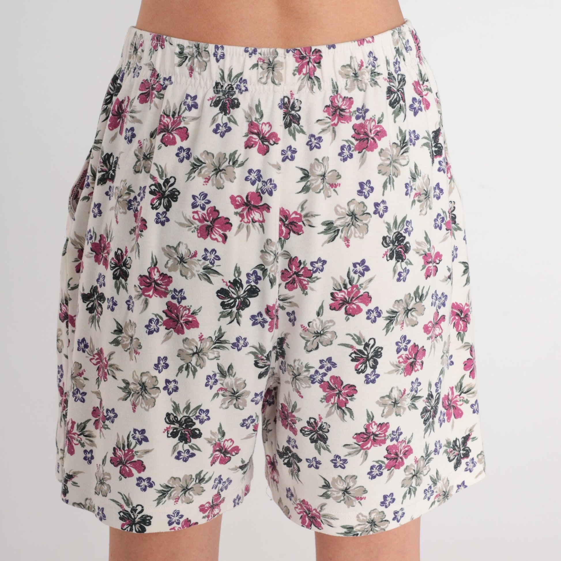 90s Hibiscus Floral Shorts White Tropical High Waist Small