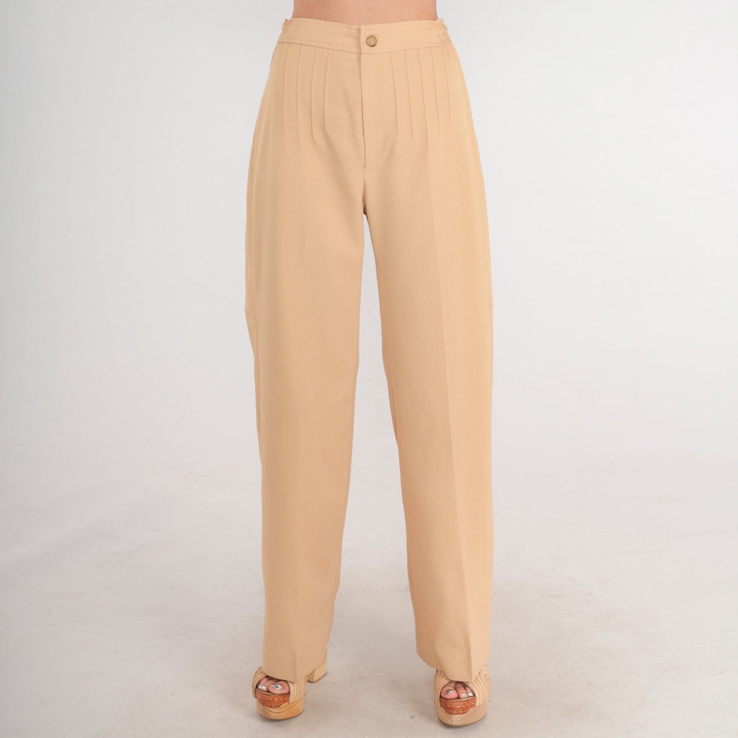 70s Tan High-Waisted Straight Leg Trousers Pleated Crease Extra Small