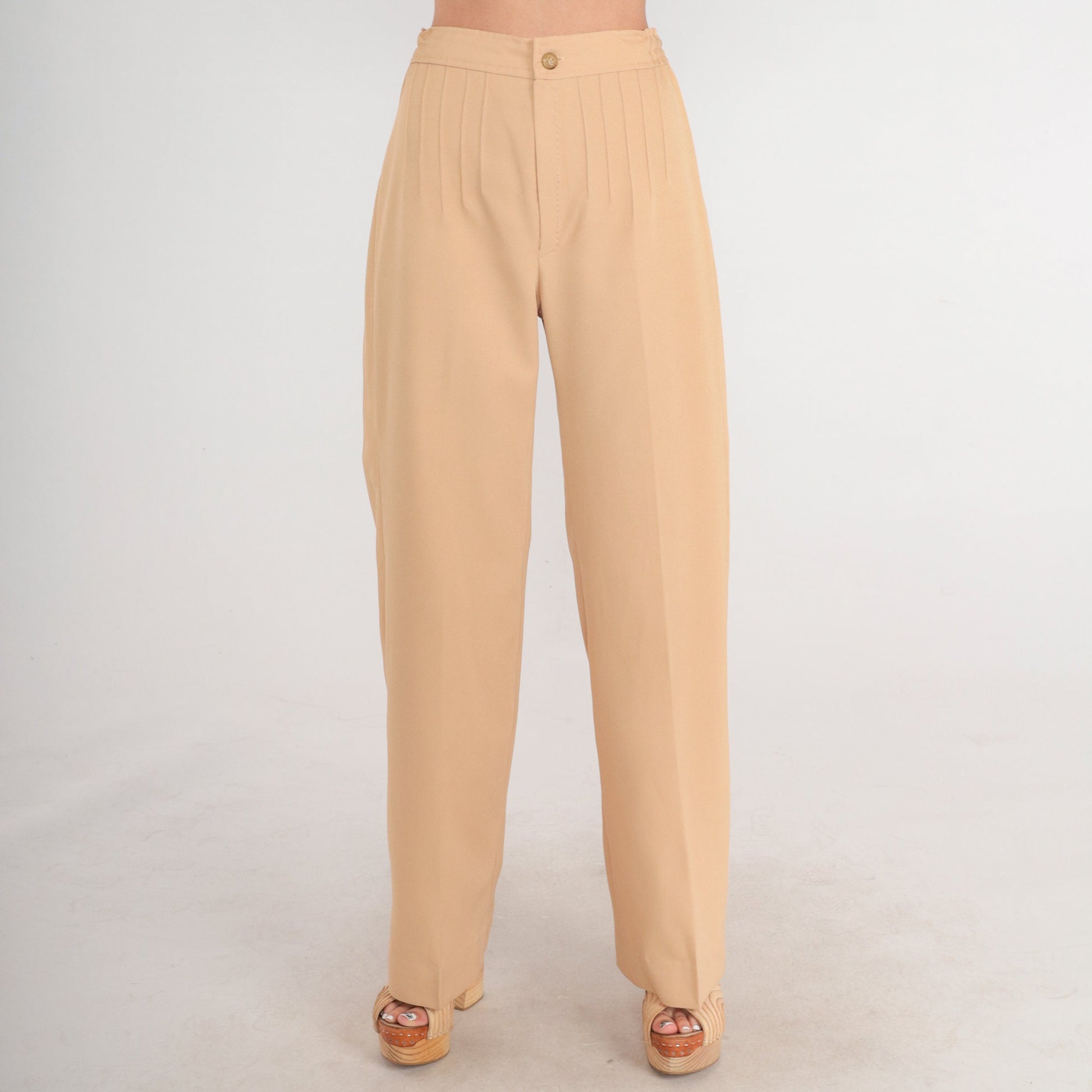 70s Tan High-Waisted Straight Leg Trousers Pleated Crease Extra Small