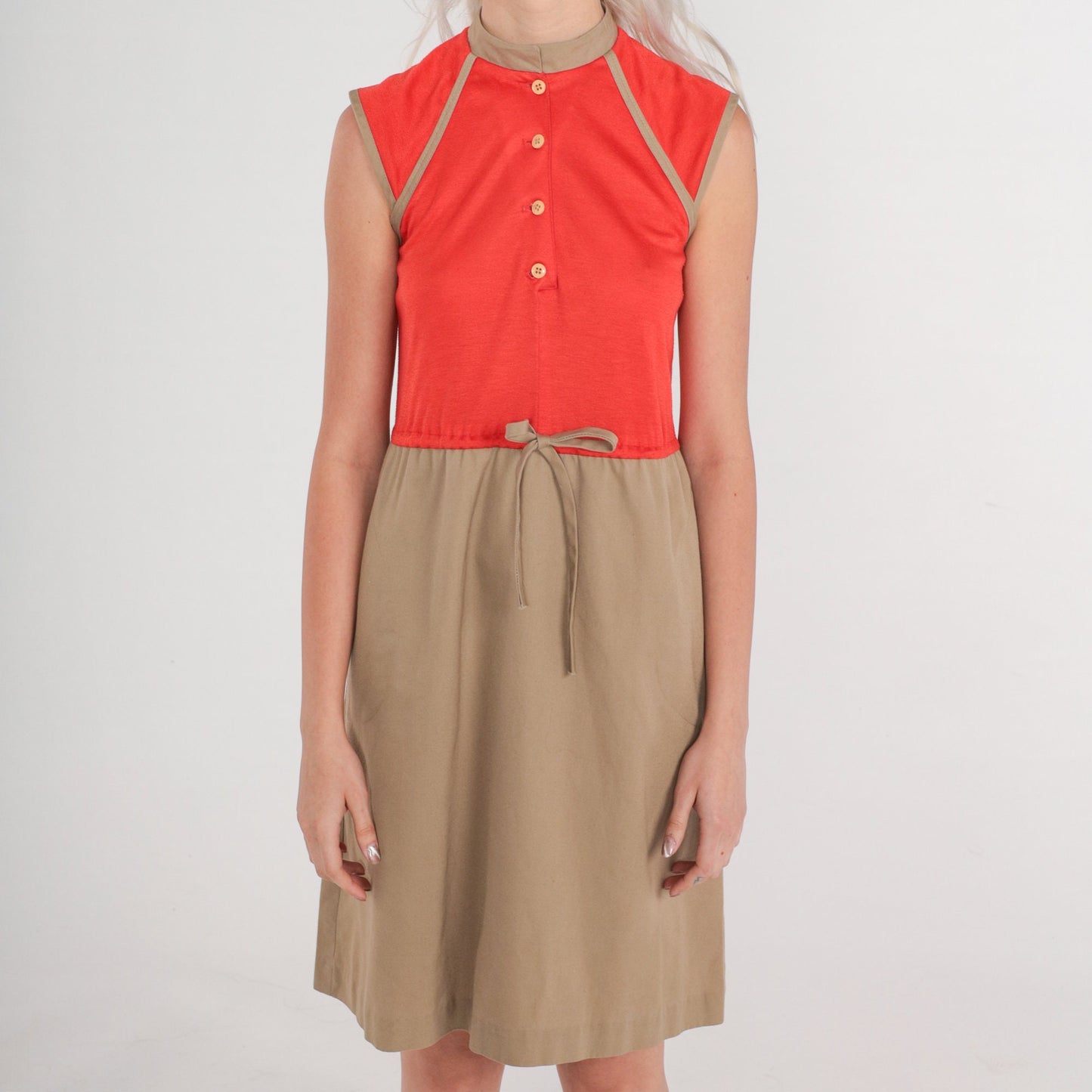 80s Red Tan Colorblock Mini Shirtdress Button-Up Bow Waist Extra Small
