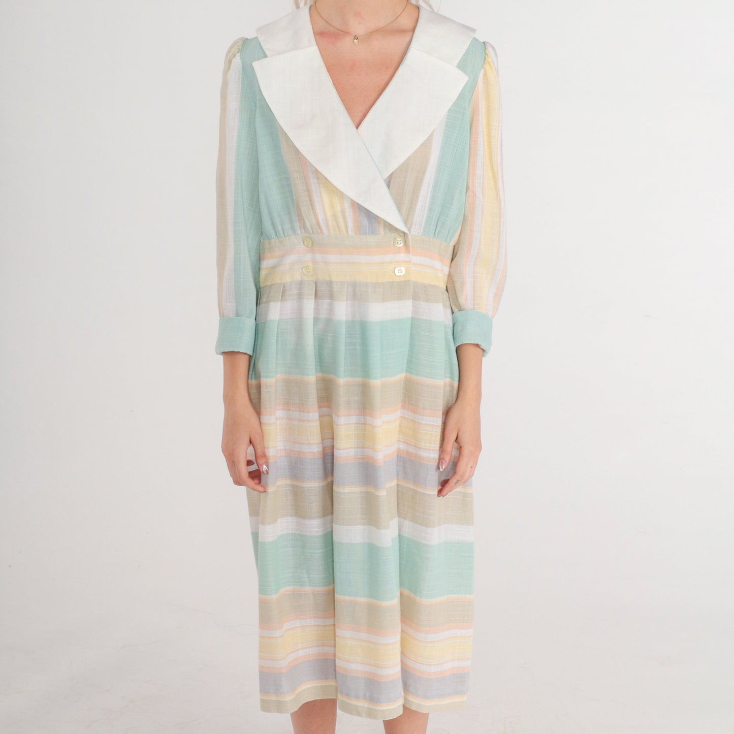 80s Striped Wrap Midi Dress Puff Sleeve Layered Collar Button Up Medium Large