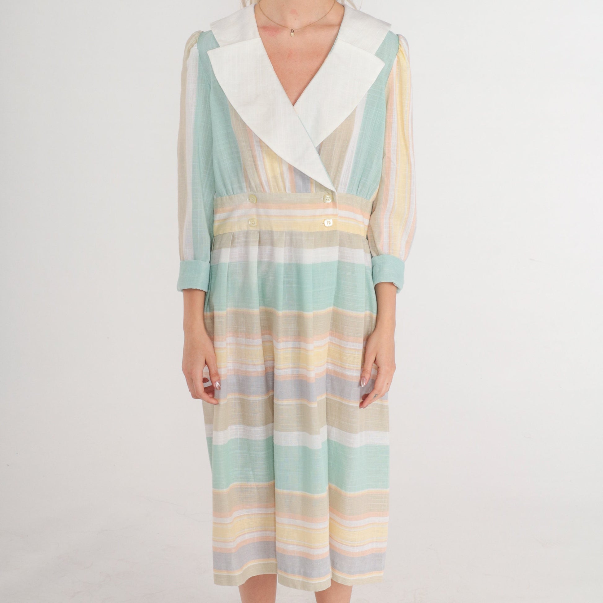 80s Striped Wrap Midi Dress Puff Sleeve Layered Collar Button Up Medium Large