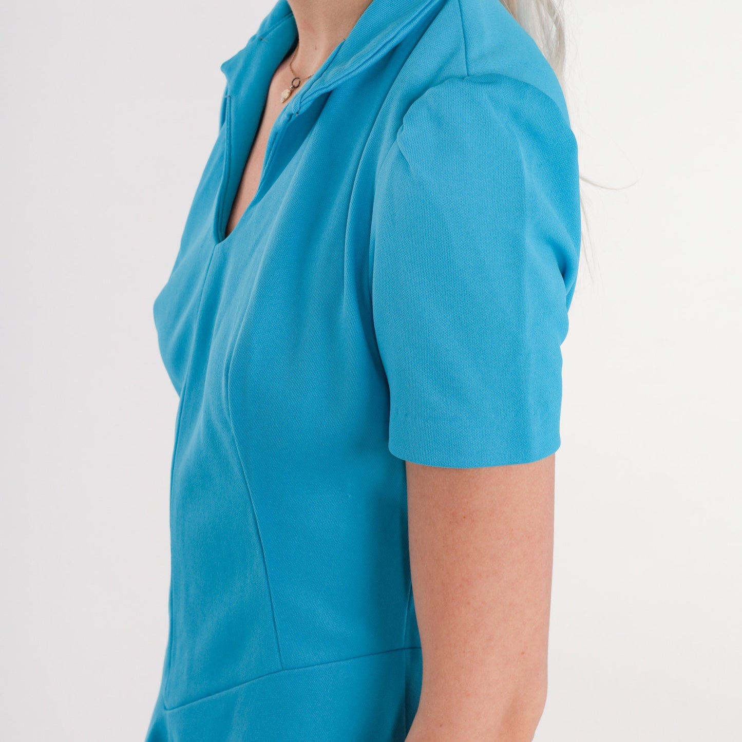 1960s Blue Mini Dress Mod Puff Sleeve Basque Waist Collared V-Neck XS