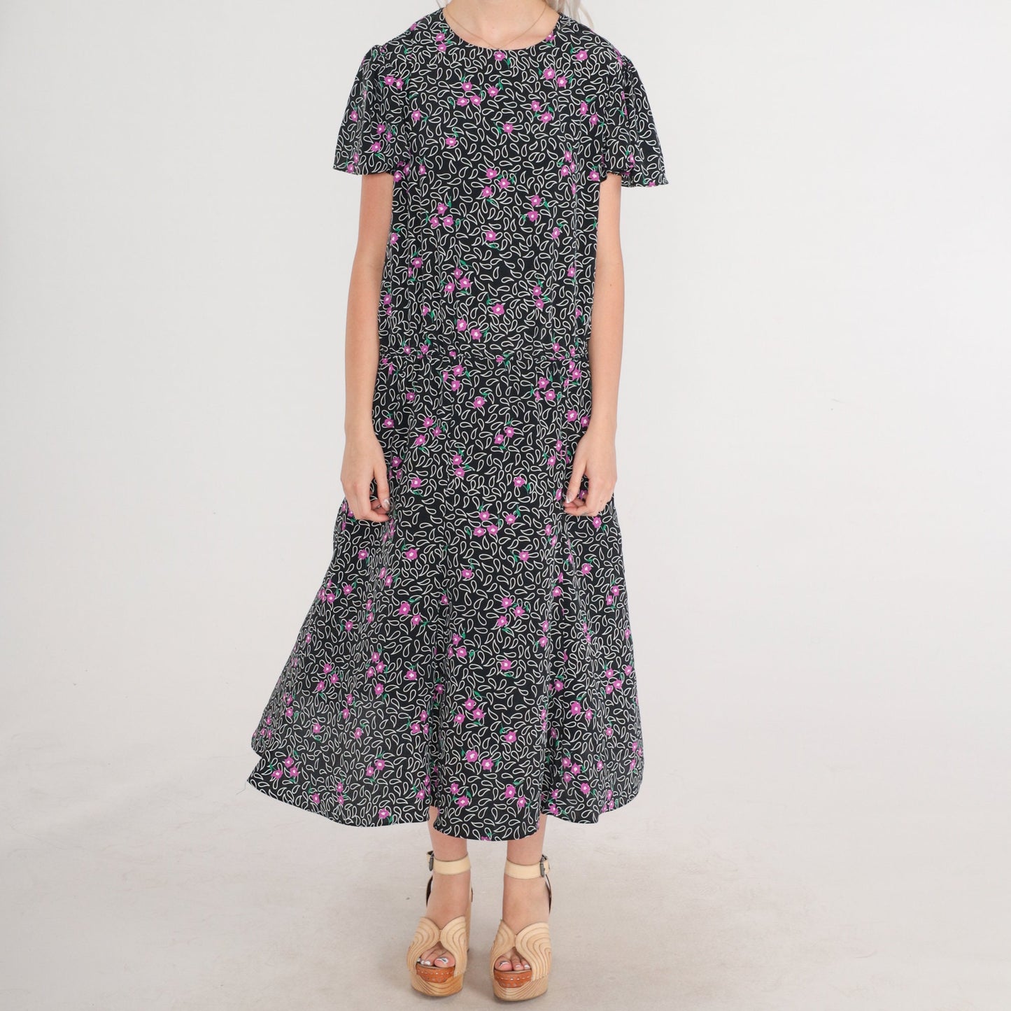 80s Black Paisley Floral Midi Dress Flutter Sleeve Keyhole Back Medium