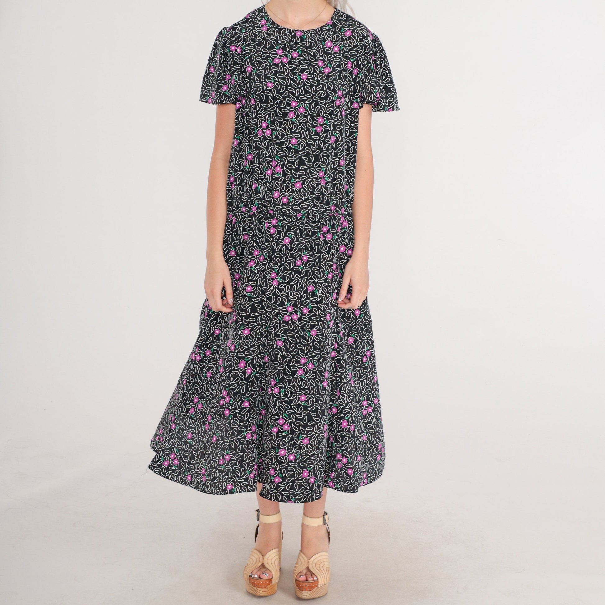 80s Black Paisley Floral Midi Dress Flutter Sleeve Keyhole Back Medium