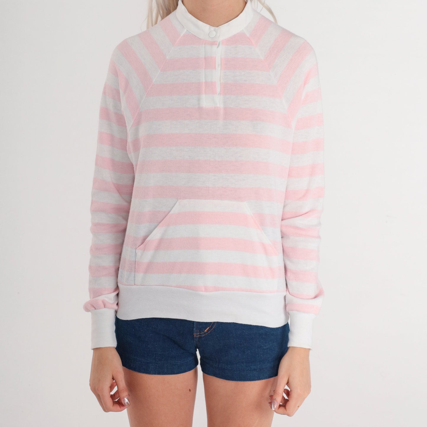 80s Pink White Striped Henley Sweatshirt Kangaroo Pocket Snap Pullover Extra Small