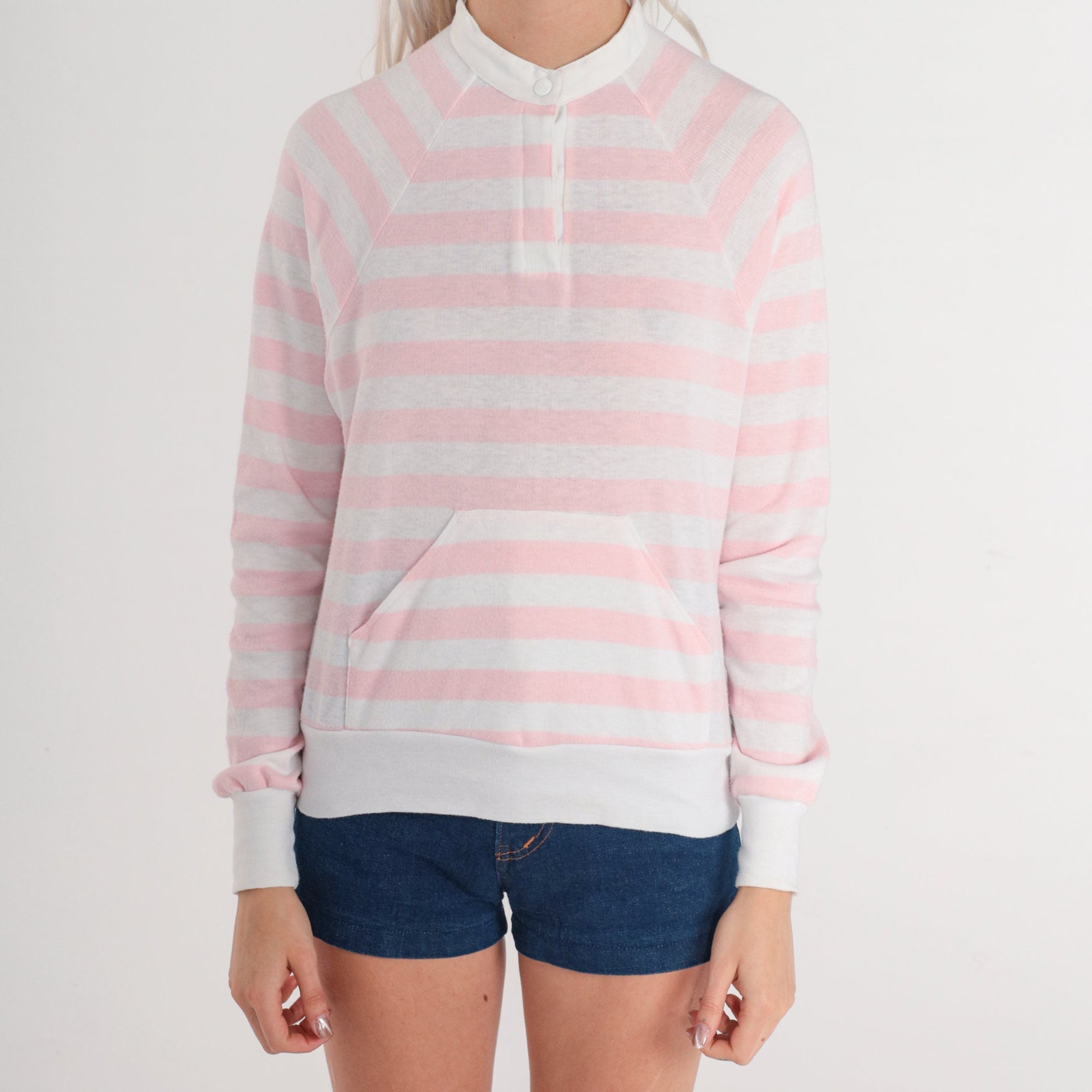 80s Pink White Striped Henley Sweatshirt Kangaroo Pocket Snap Pullover Extra Small